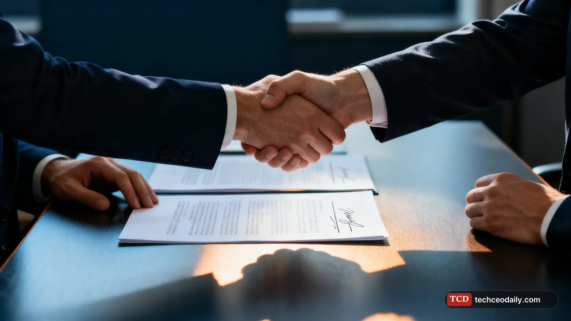 Two business people's hands shaking over a conference table with signed contract documents, illustrating Progress Software Domo acquisition closes at $400 million