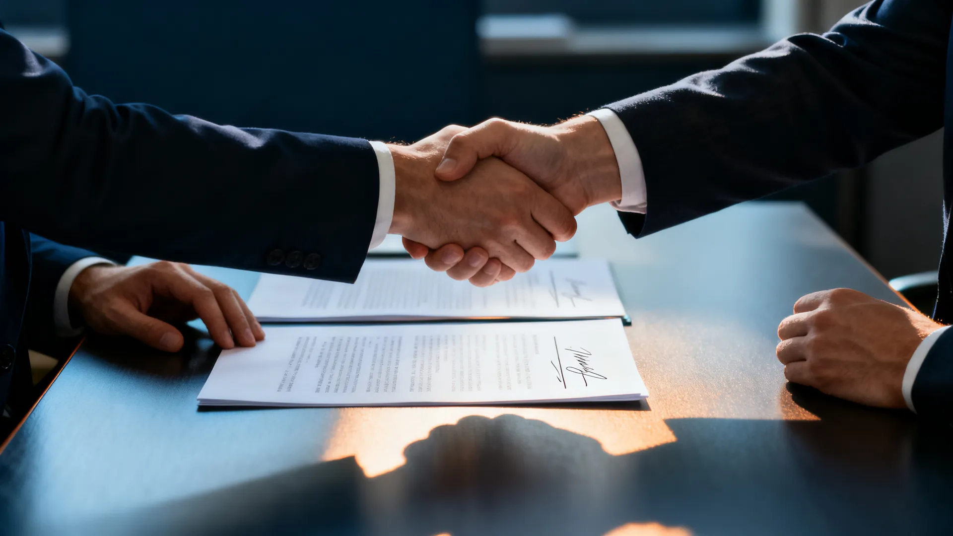Two business people's hands shaking over a conference table with signed contract documents