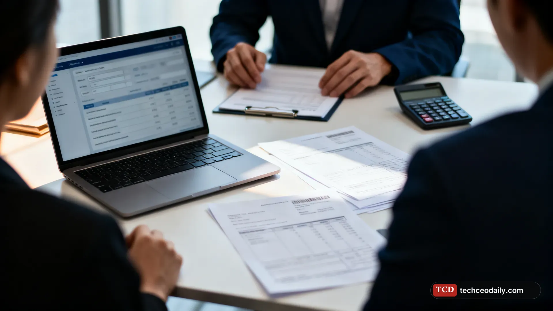 A finance team's desk with a laptop showing a blurred invoice dashboard, illustrating Ramp expands into accounts receivable with AI-driven invoicing and collections