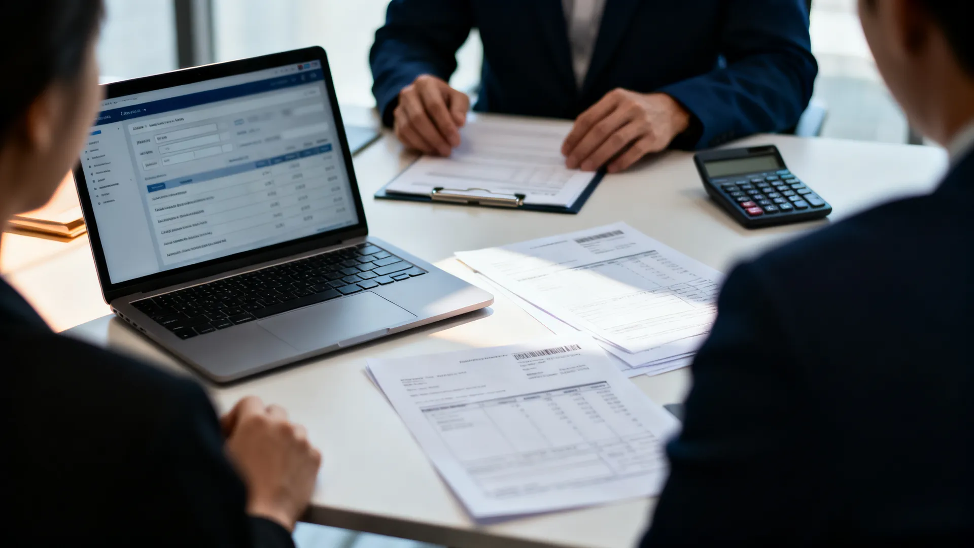 A finance team's desk with a laptop showing a blurred invoice dashboard