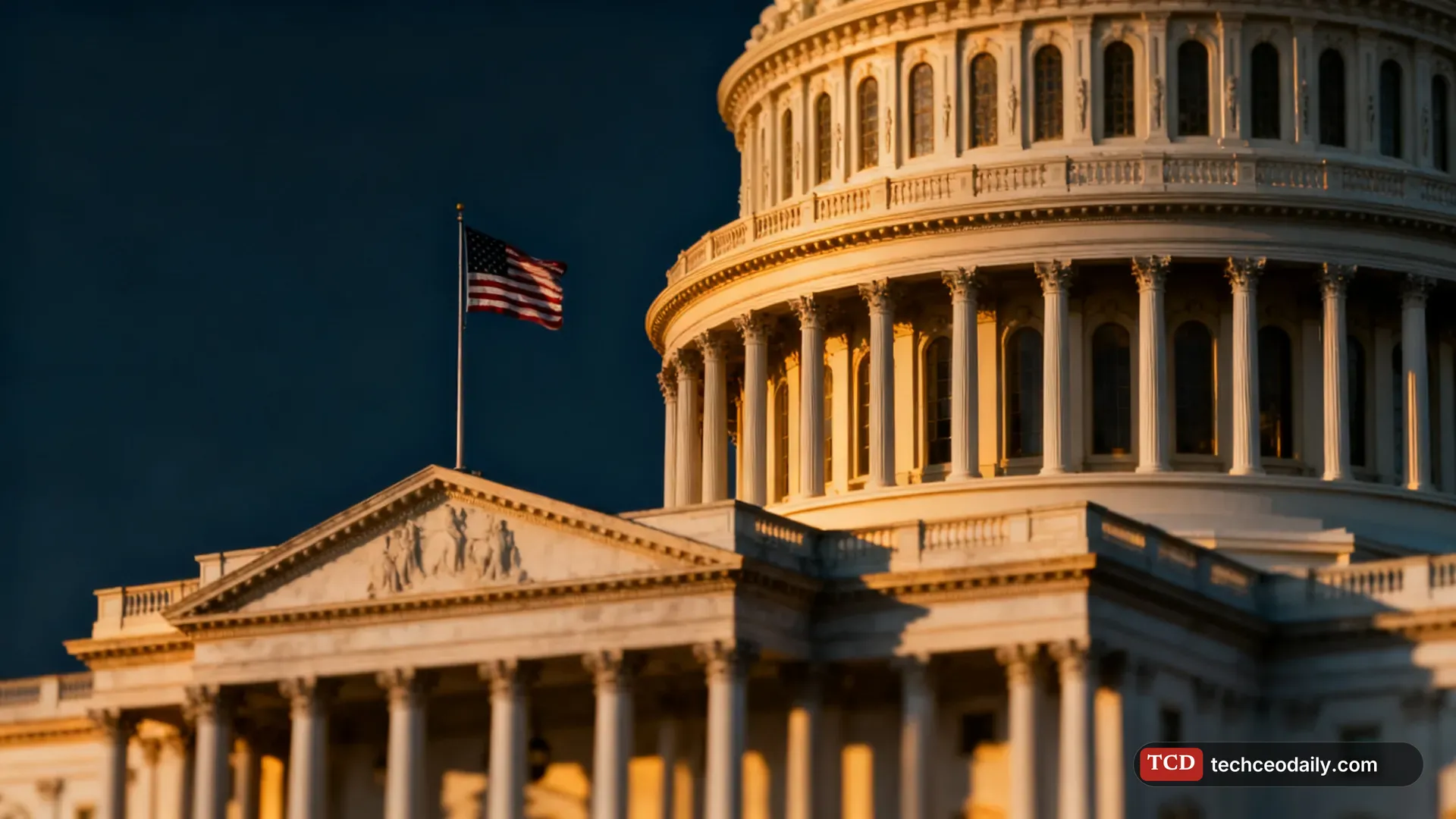 The exterior of a neoclassical government capitol building with white columns at golden hour