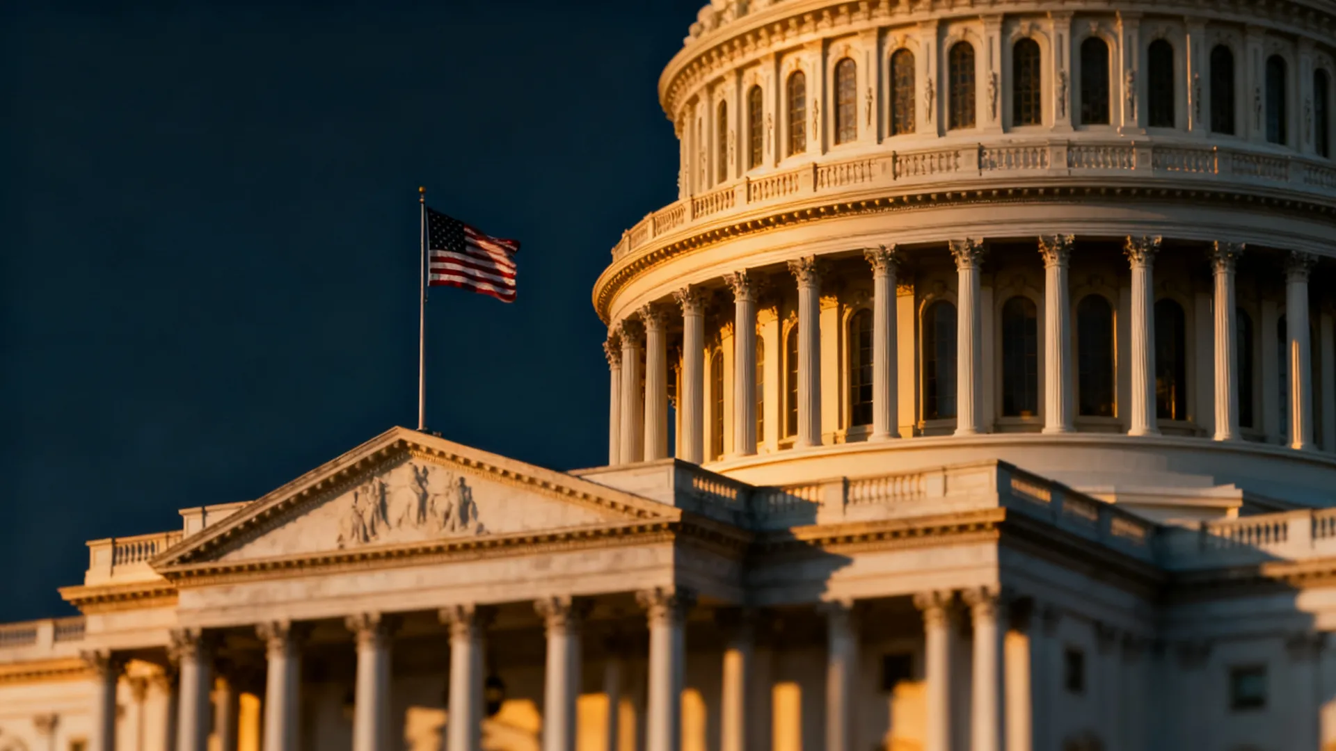 The exterior of a neoclassical government capitol building with white columns at golden hour