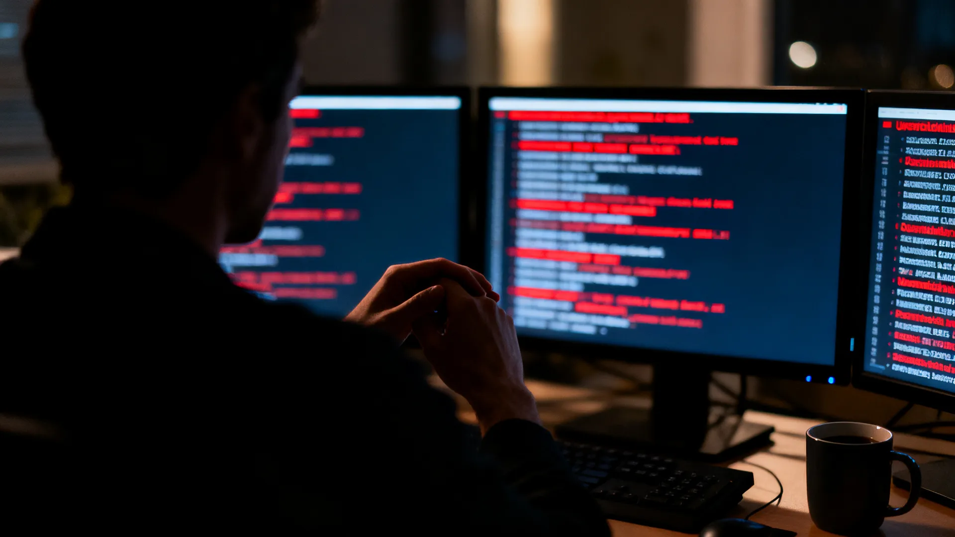 A security analyst's multiple monitors showing blurred vulnerability lists highlighted in red