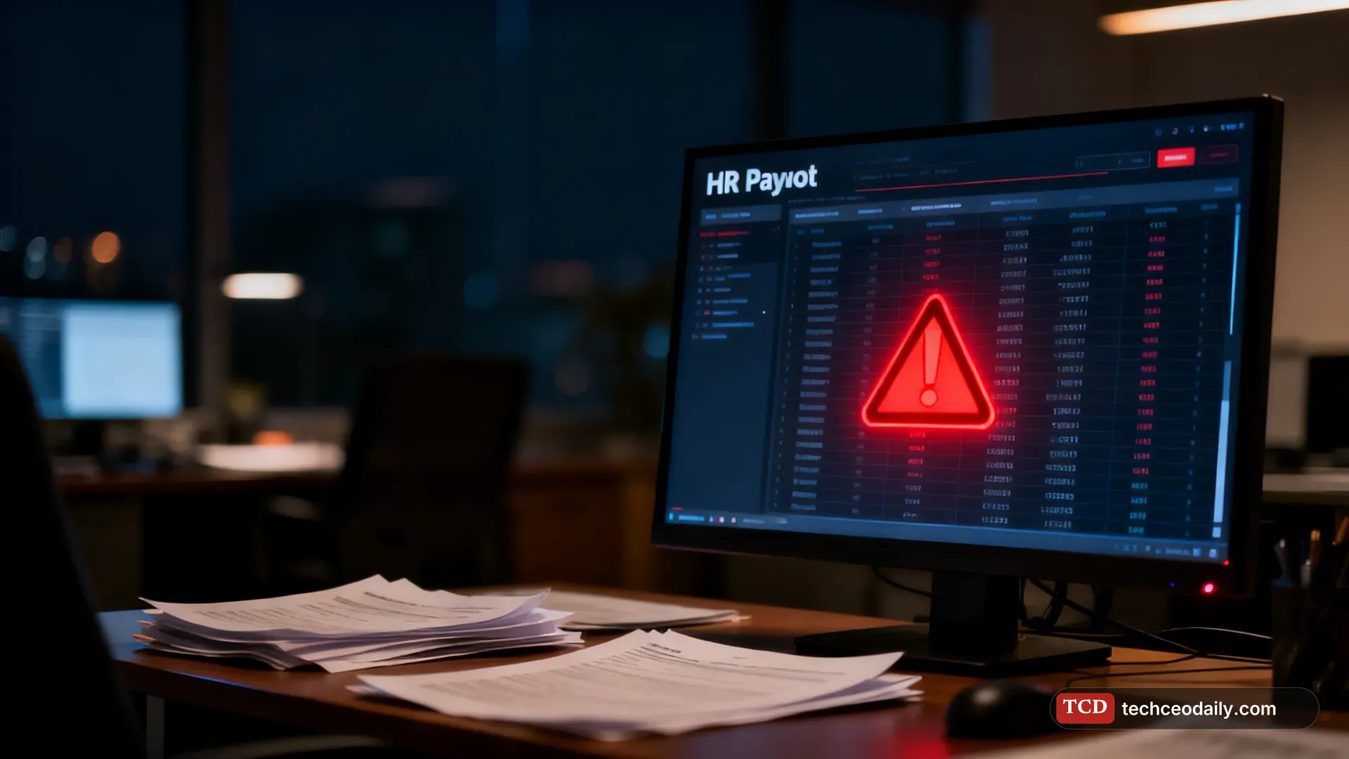 A dim office at night with an HR and payroll database on a monitor, illustrating ShinyHunters renews Oracle PeopleSoft attacks with a firewall bypass, Google warns