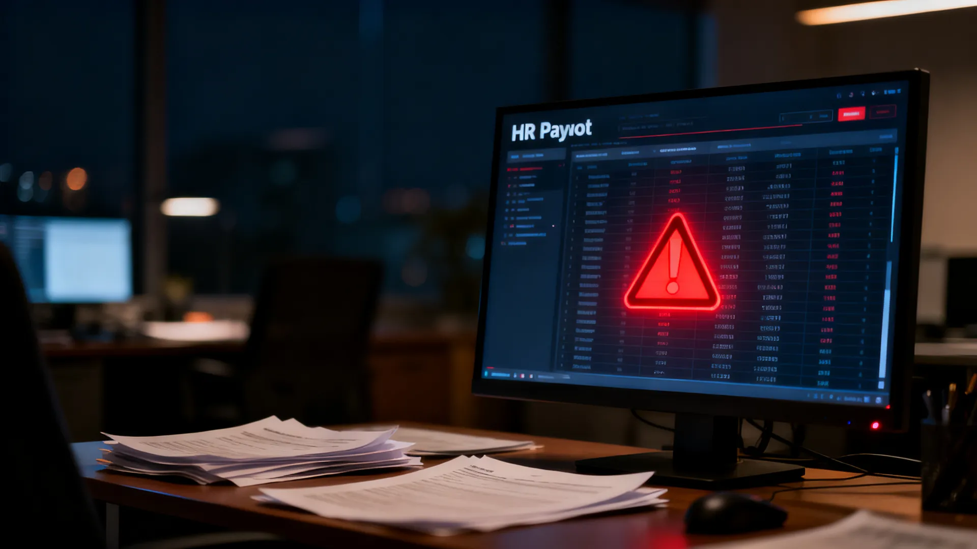 A dim office at night with an HR and payroll database on a monitor