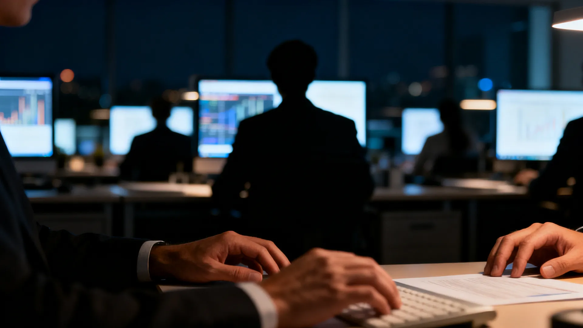 An open-plan newsroom at night with rows of desks and glowing monitors showing blurred charts