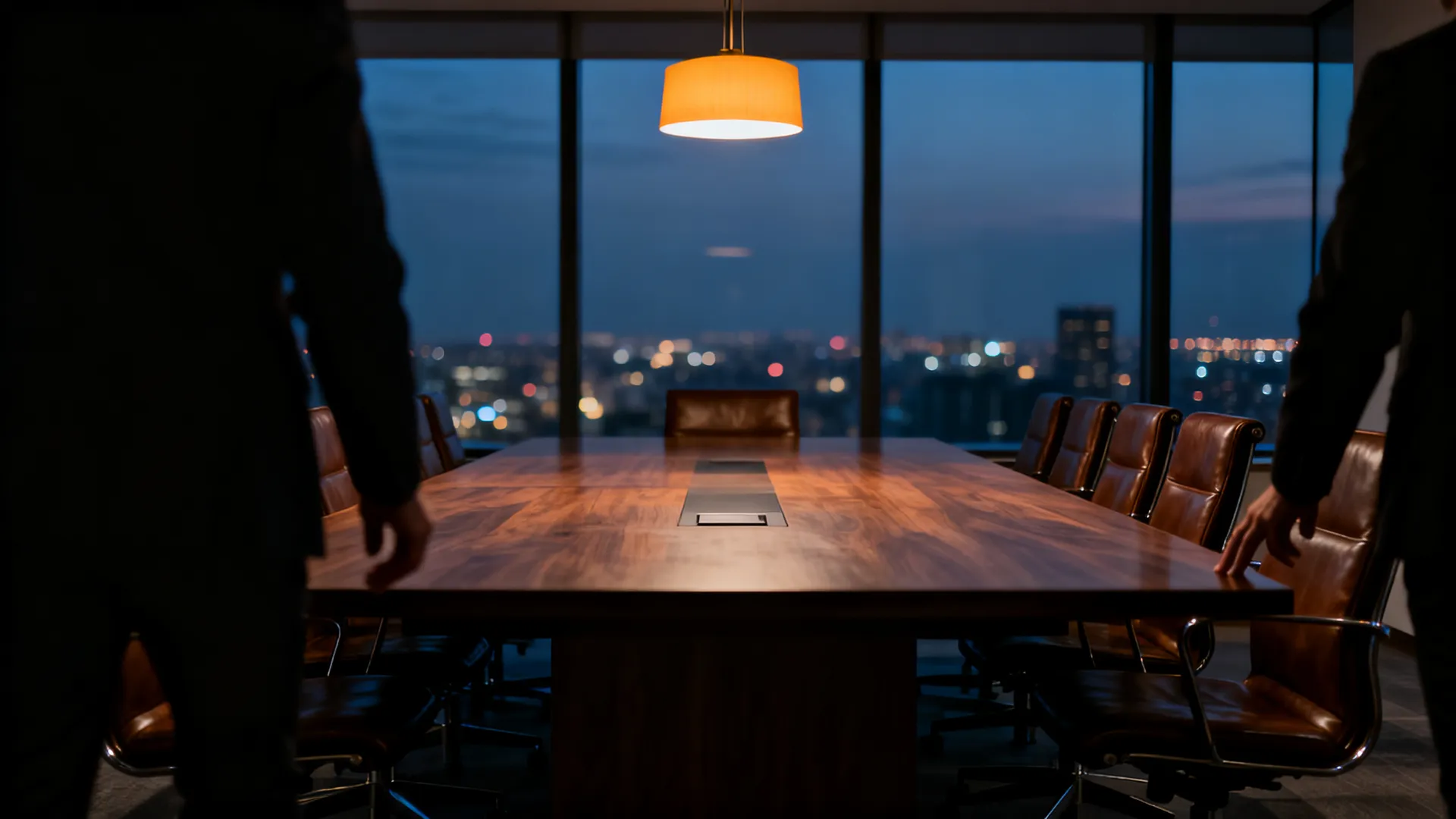 A modern executive boardroom at dusk with a long walnut table