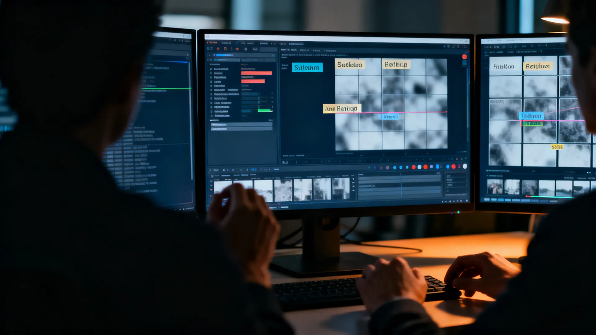 A team workspace with screens full of blurred labeled datasets and image grids