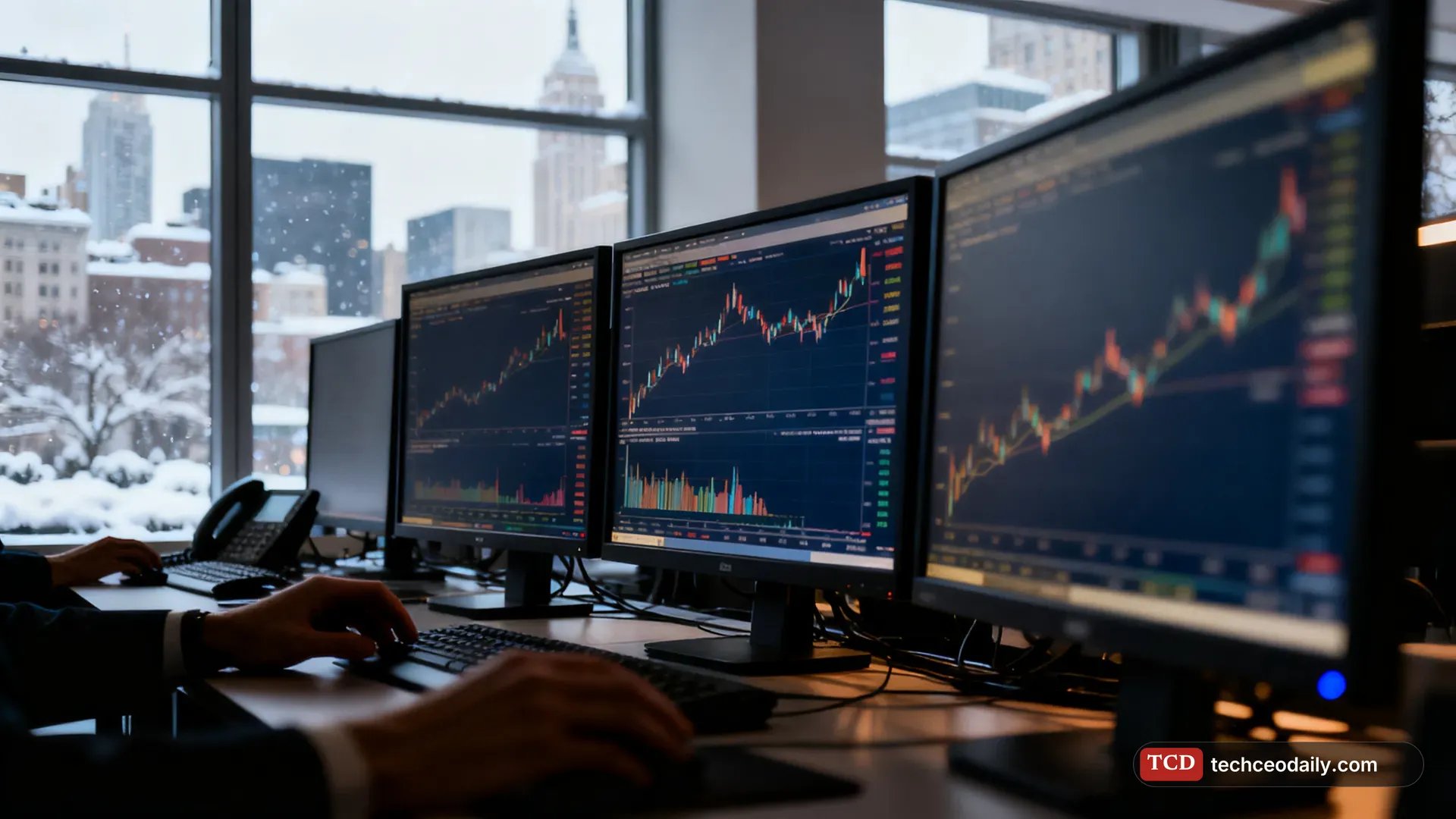 A bond trading desk with multiple screens showing blurred yield curves, illustrating Snowflake convertible notes