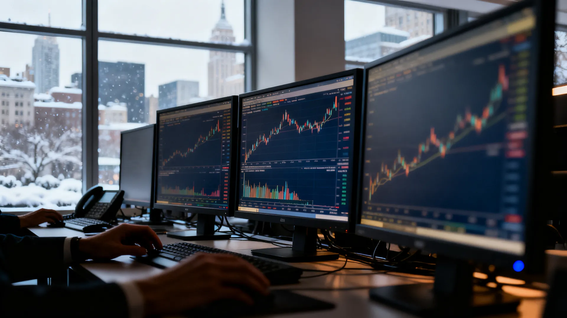 A bond trading desk with multiple screens showing blurred yield curves