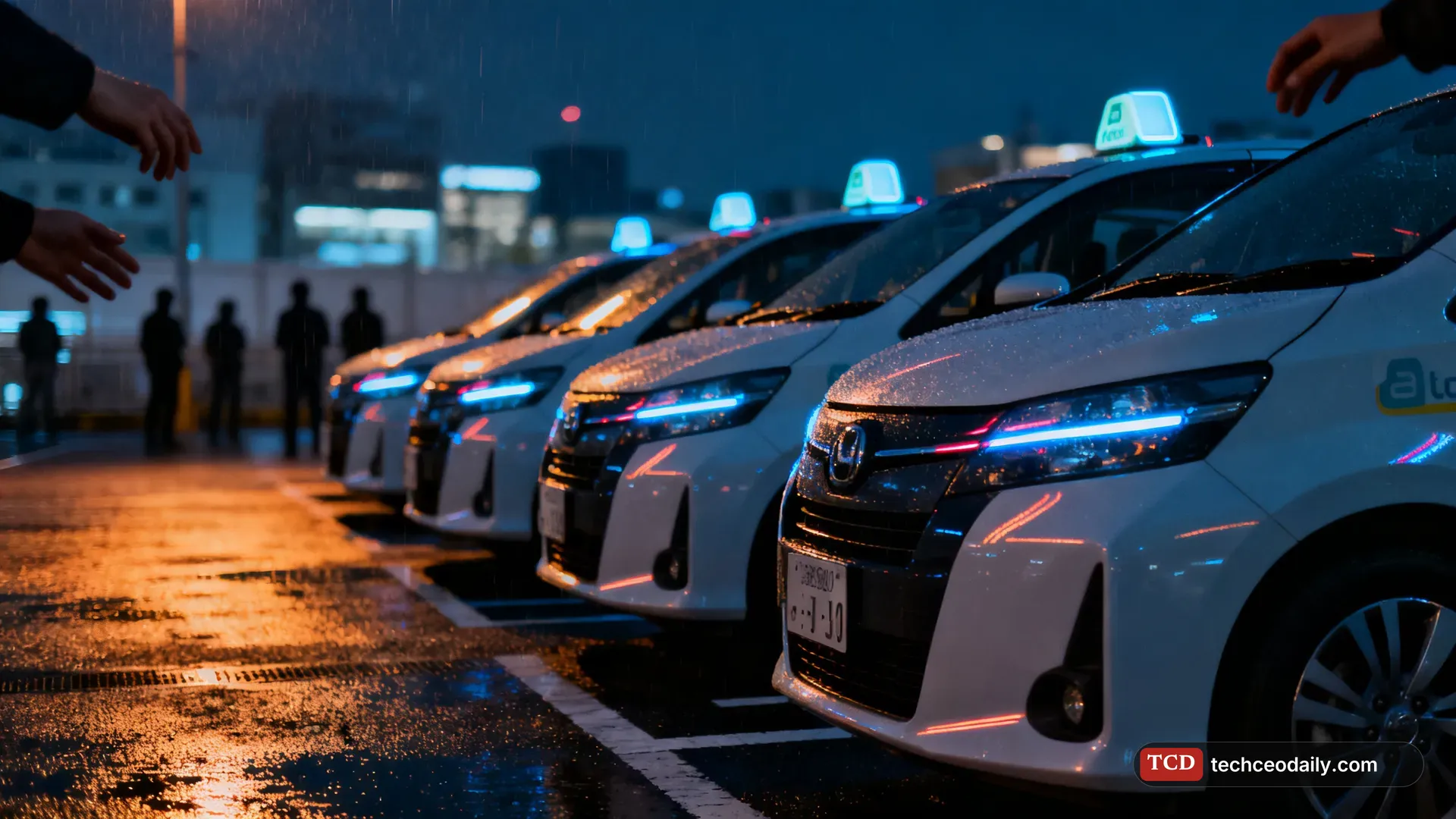 A row of shared rental cars parked in a Tokyo parking lot at night under neon light, illustrating Times Car data breach exposed about 6.6 million accounts, Park24 says