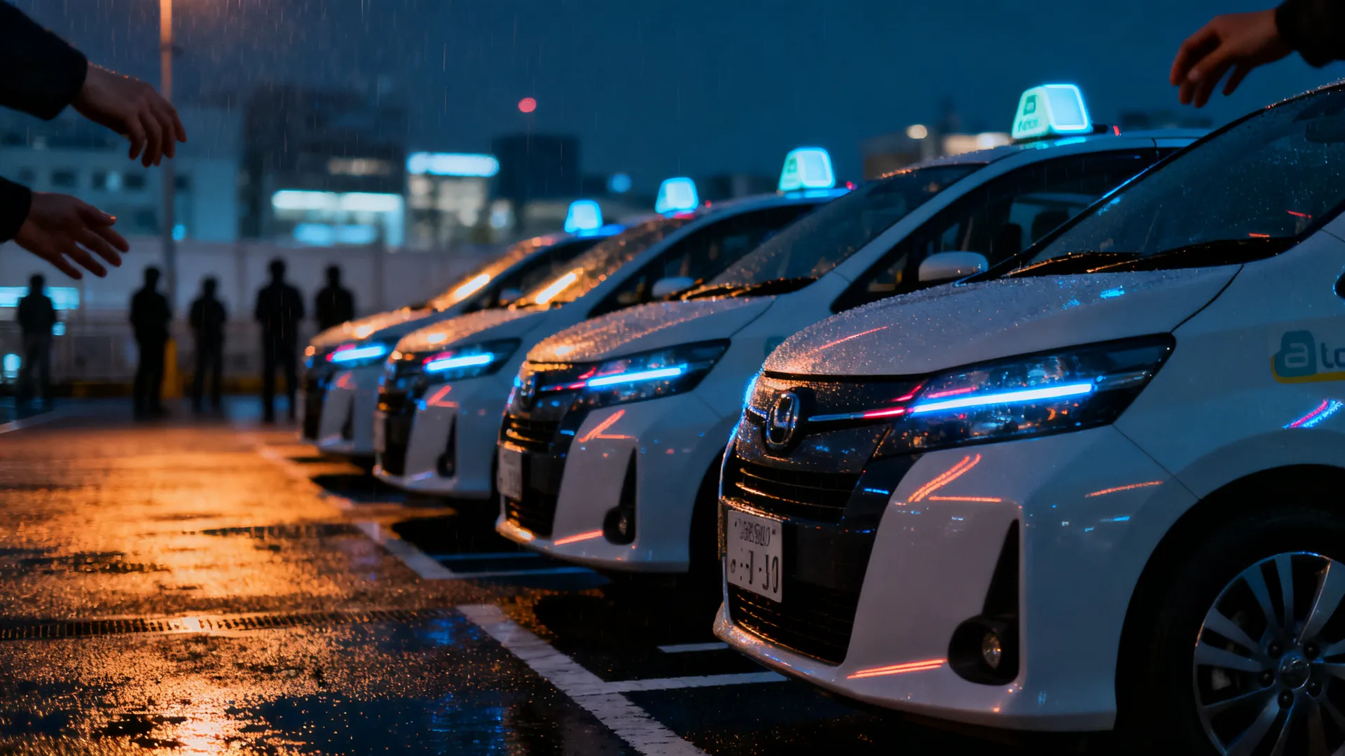 A row of shared rental cars parked in a Tokyo parking lot at night under neon light