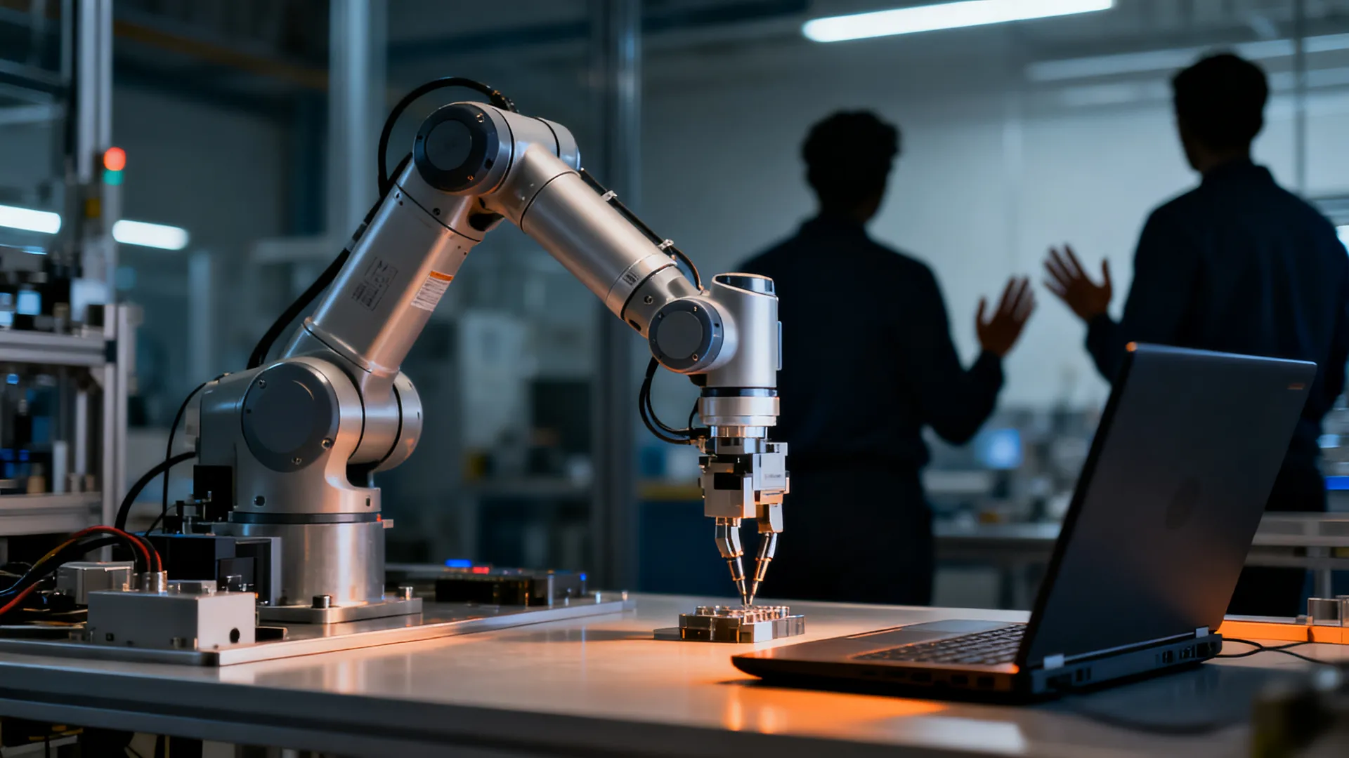 A robotic arm in a clean automation lab working next to a laptop