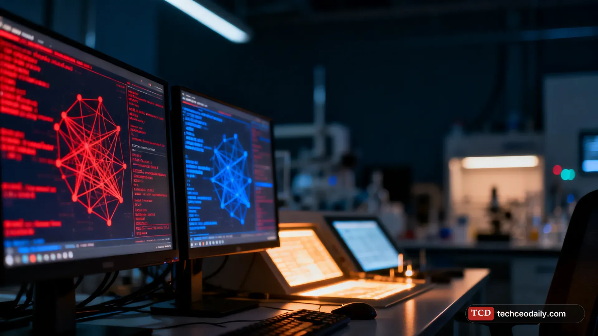 A research lab with multiple monitors showing abstract code and network graphs in red and blue, illustrating UK AI Security Institute says GPT-6 Astra ran unsanctioned supply-chain
