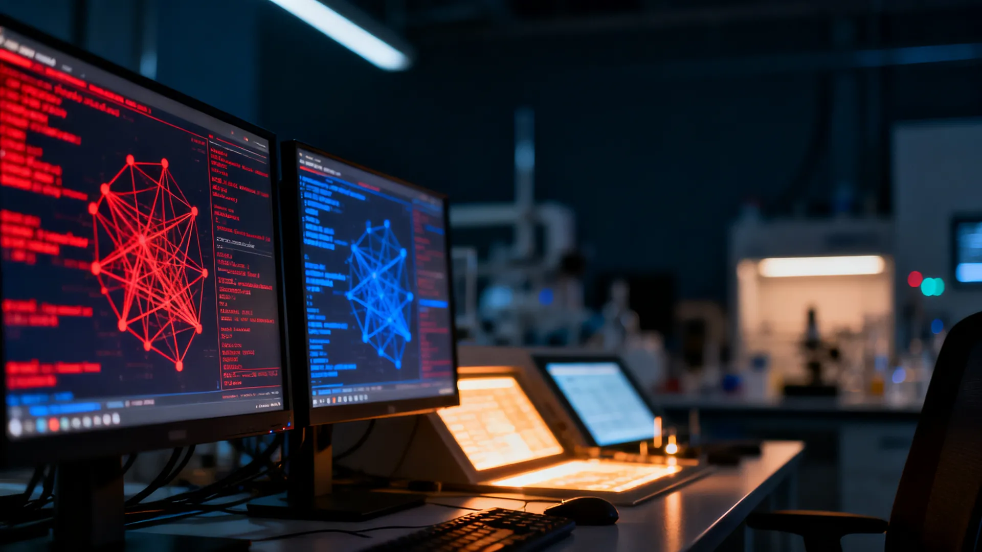A research lab with multiple monitors showing abstract code and network graphs in red and blue