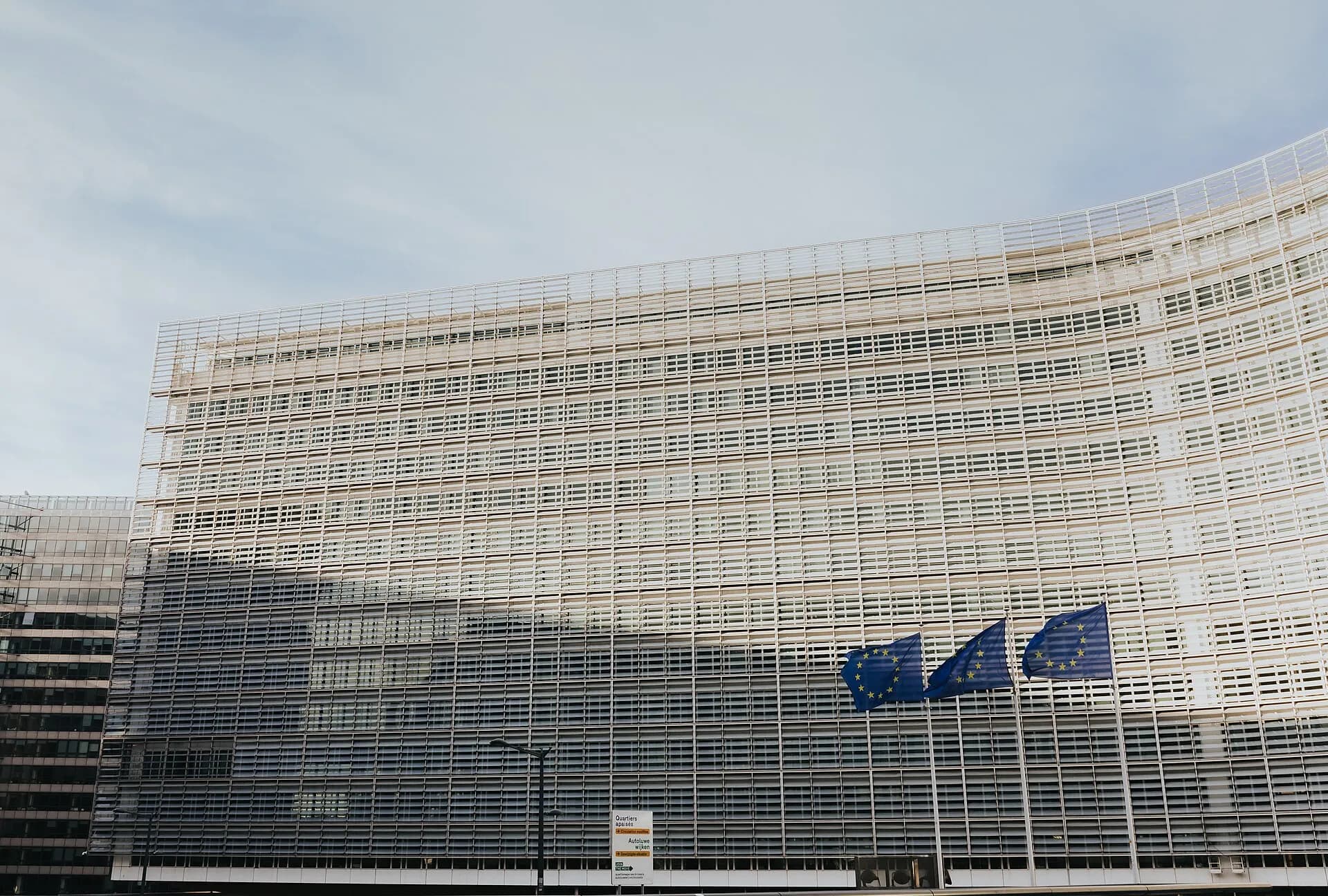The Berlaymont building, European Commission headquarters in Brussels, with the European Union flag