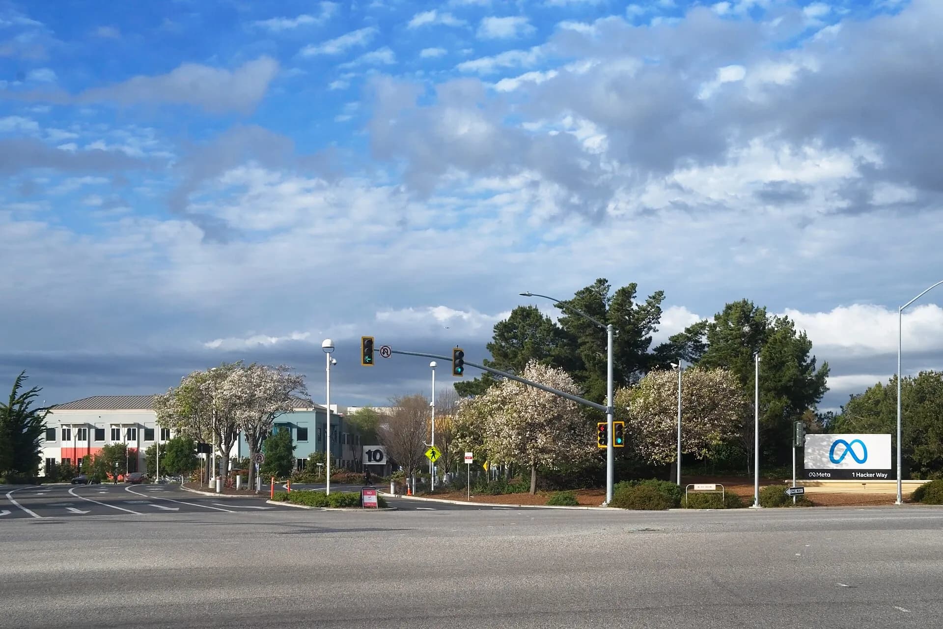 Entrance to Meta Platforms headquarters complex in Menlo Park, California