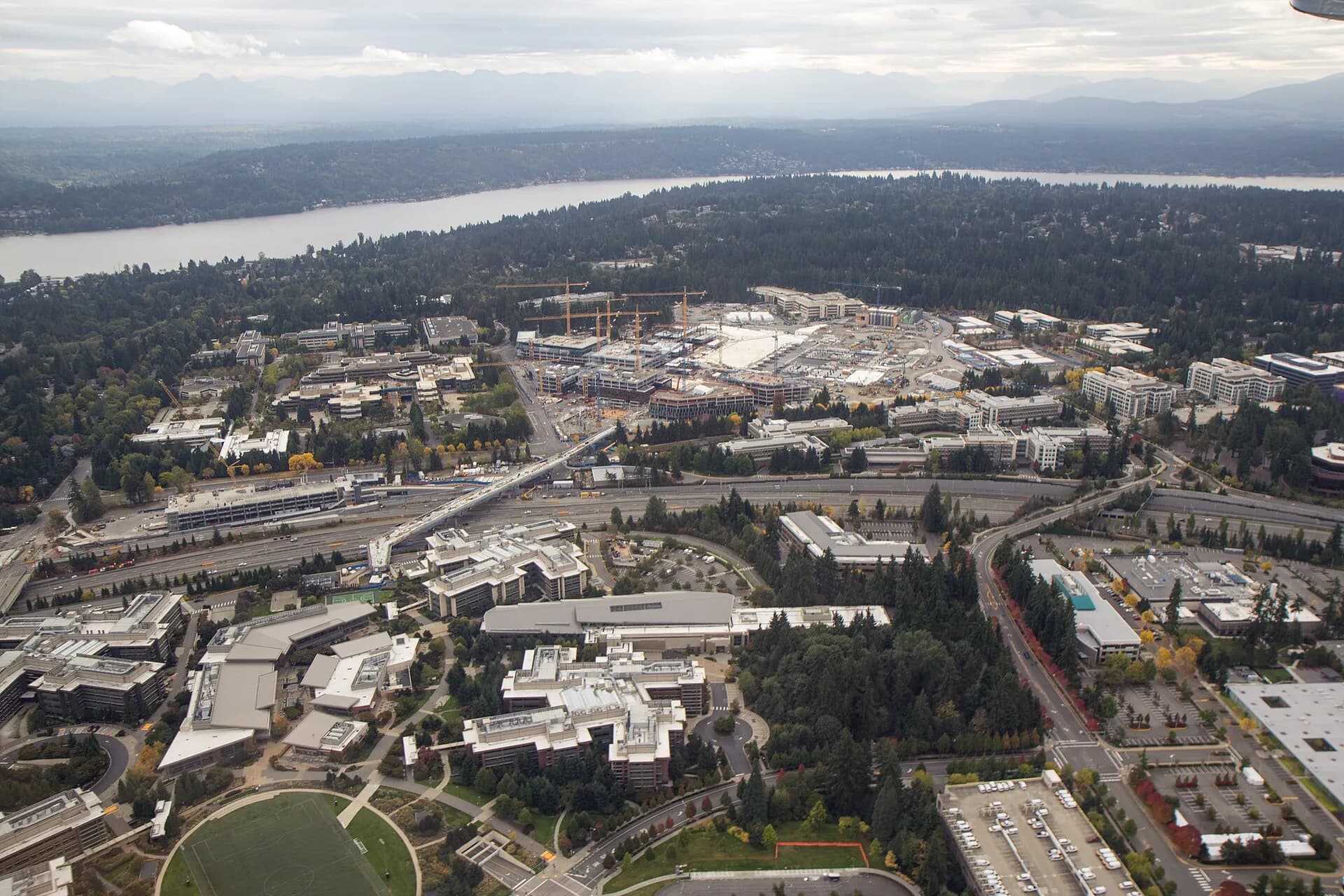 Aerial view of Microsoft's headquarters campus in Redmond, Washington, during its redevelopment