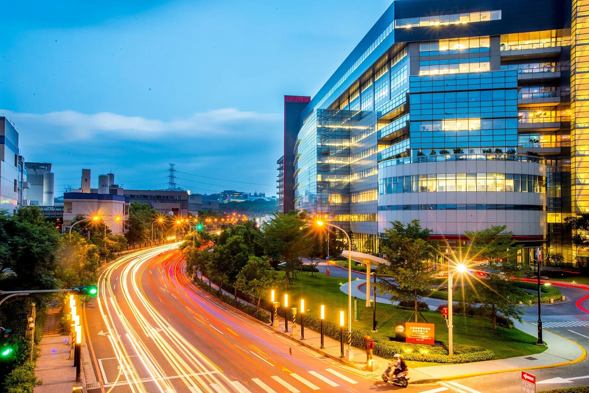 TSMC Fab 12B in Hsinchu Science Park, Taiwan, at dusk