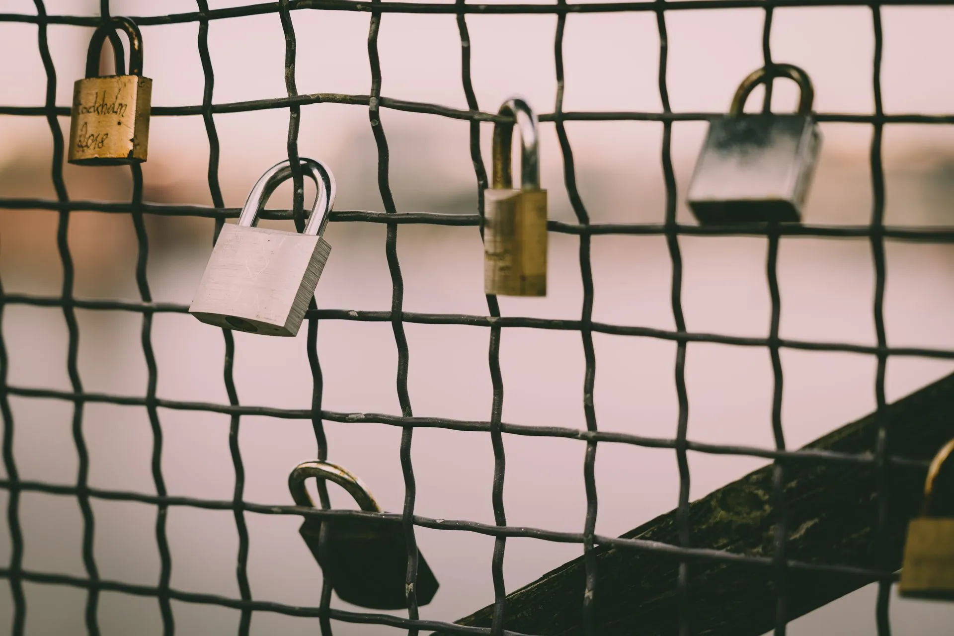 Close-up of romantic love padlocks hanging on a metal wire mesh fence by a river, illustrating AI agent security