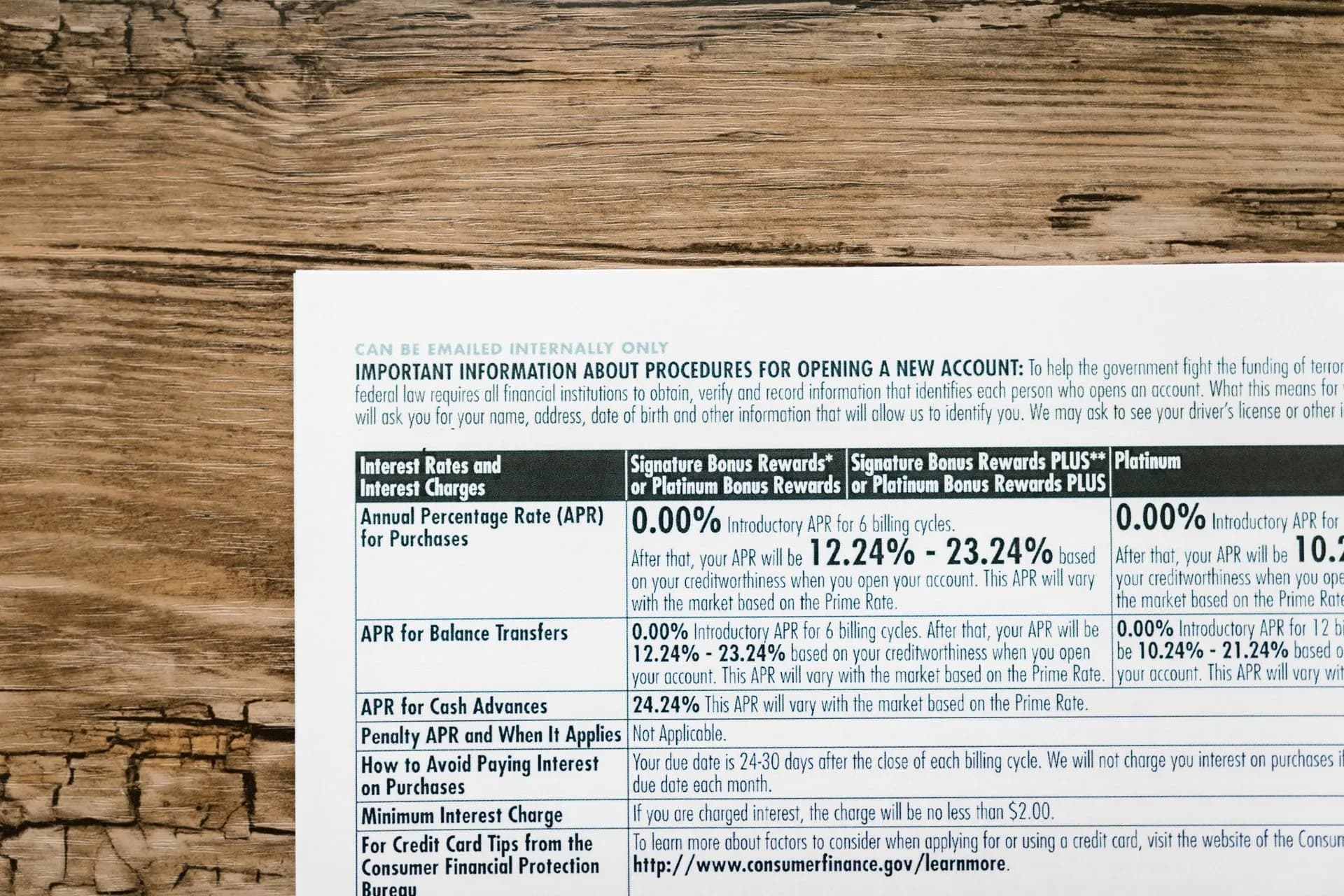 A detailed financial document listing interest rates on a textured wooden table, illustrating Former airmen get combined 189 months for $2M+ business email compromise scam