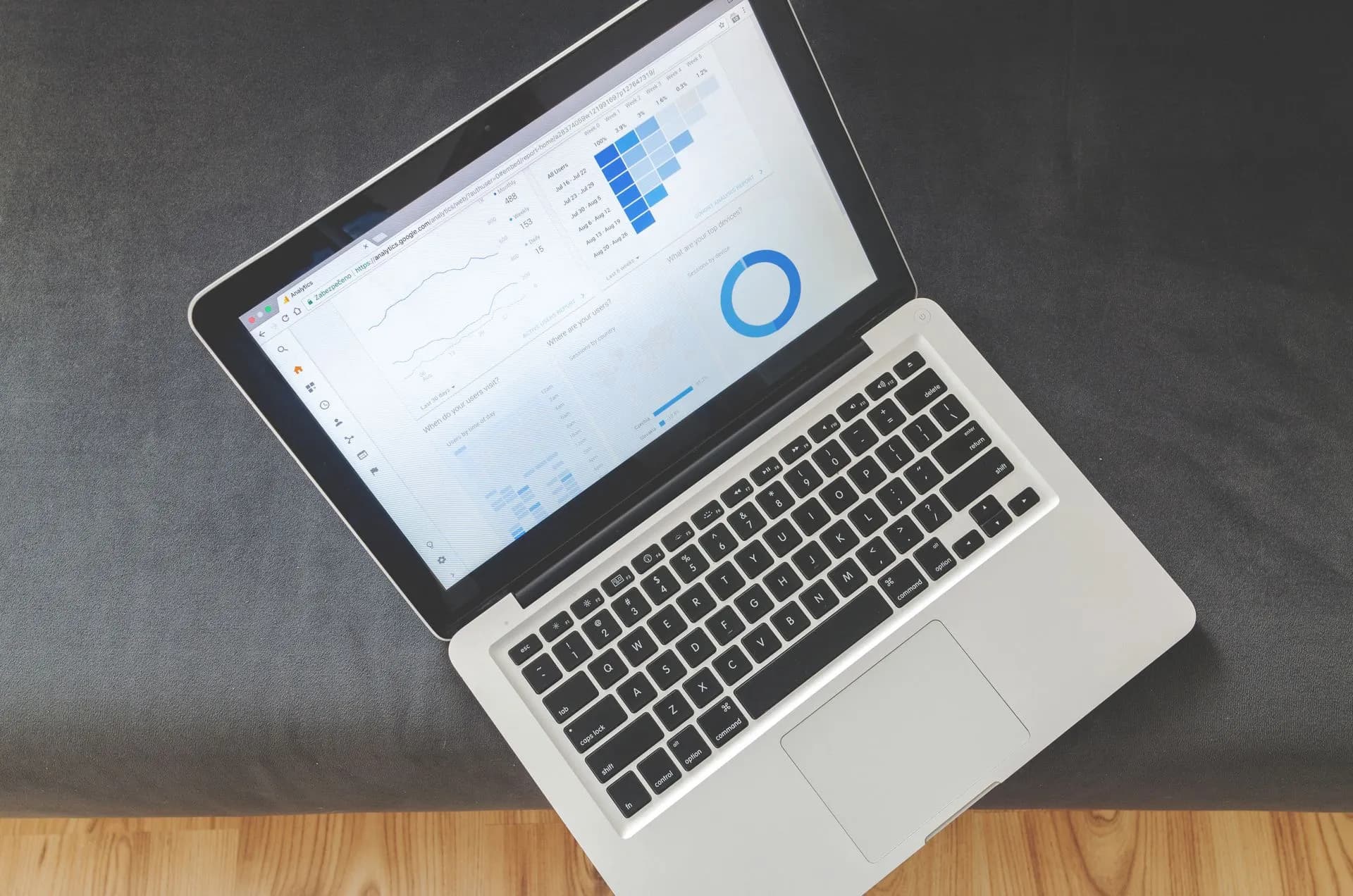 Overhead view of a laptop showing data visualizations and charts on its screen, illustrating Amazon Seller Central adds tools to run Walmart, eBay, Shopify and TikTok sales