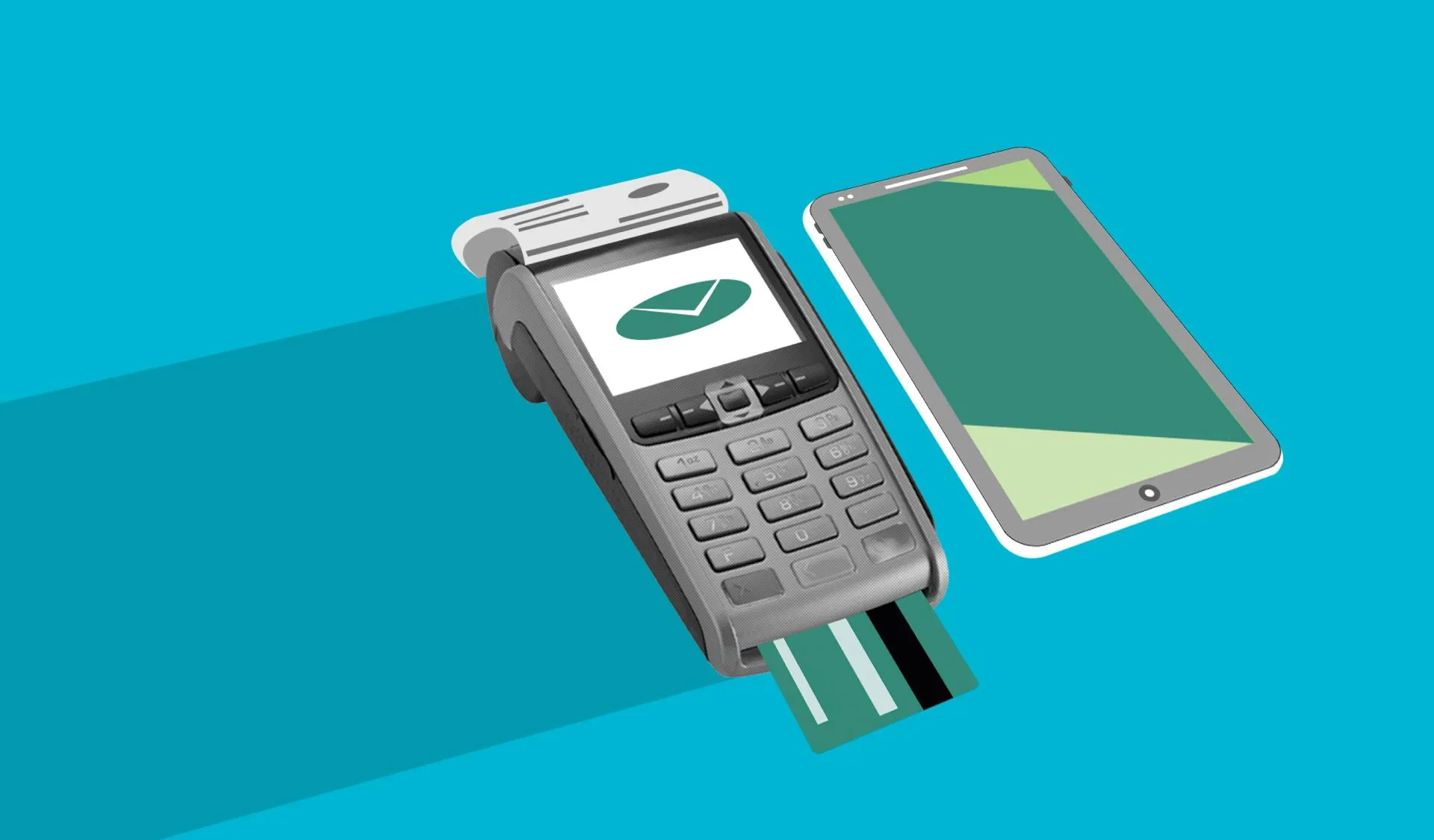 Cardboard cutouts of a card payment terminal and credit card beside a smartphone showing a payment app, illustrating Judge certifies card-issuer class in Apple Pay antitrust suit over