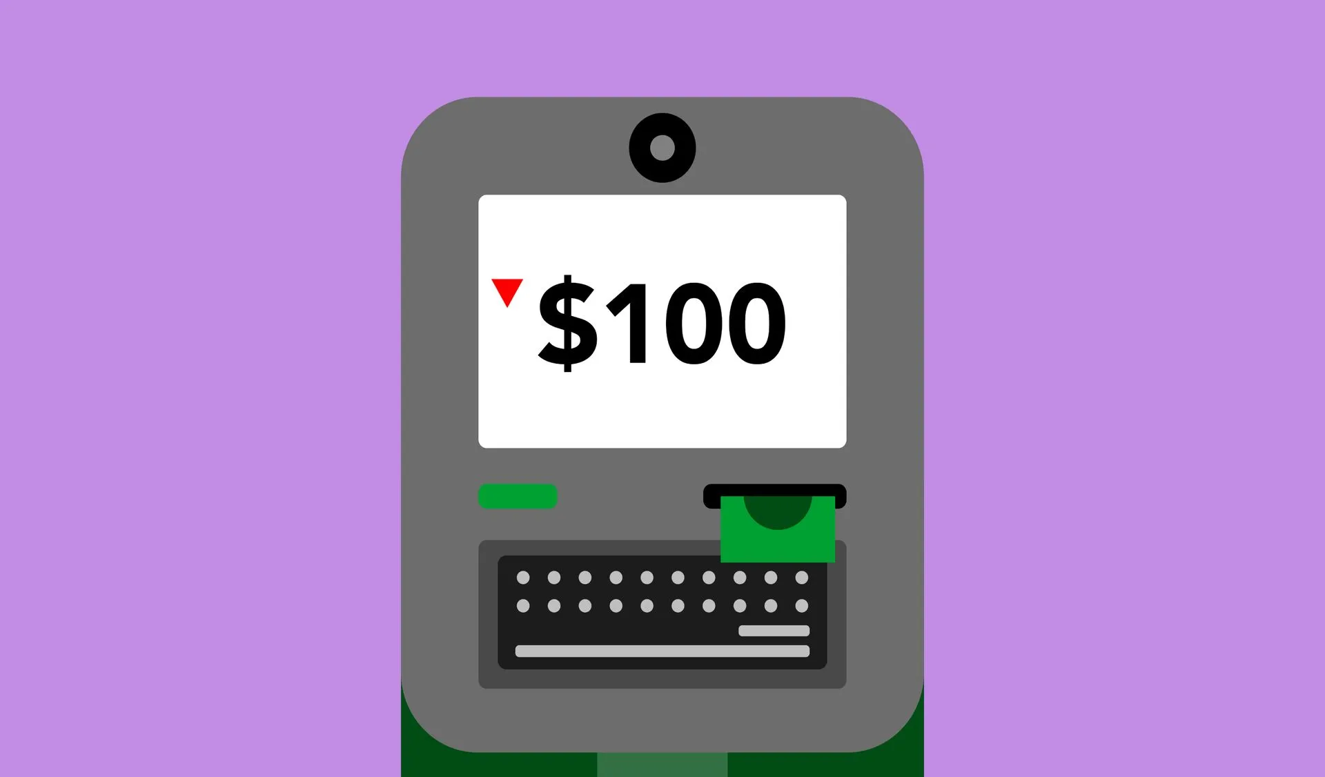 Decorative cardboard applique of automated teller machine with number and dollar symbol on display on violet background, illustrating ATM jackpotting crackdown