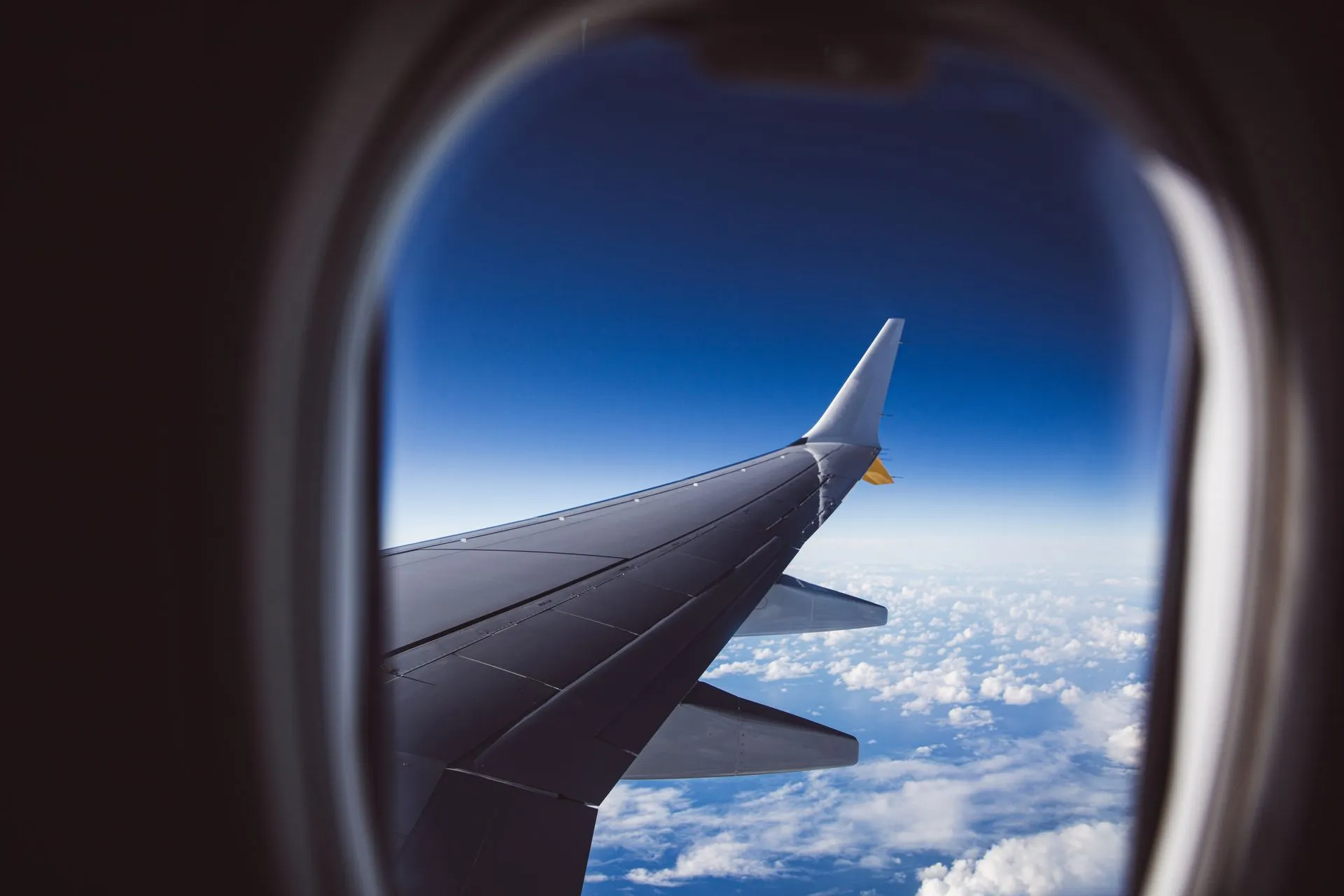 A view from an airplane window showing the wing and clouds below, captured in daylight, illustrating BBVA eDreams partnership links digital banking and travel in Germany and Italy