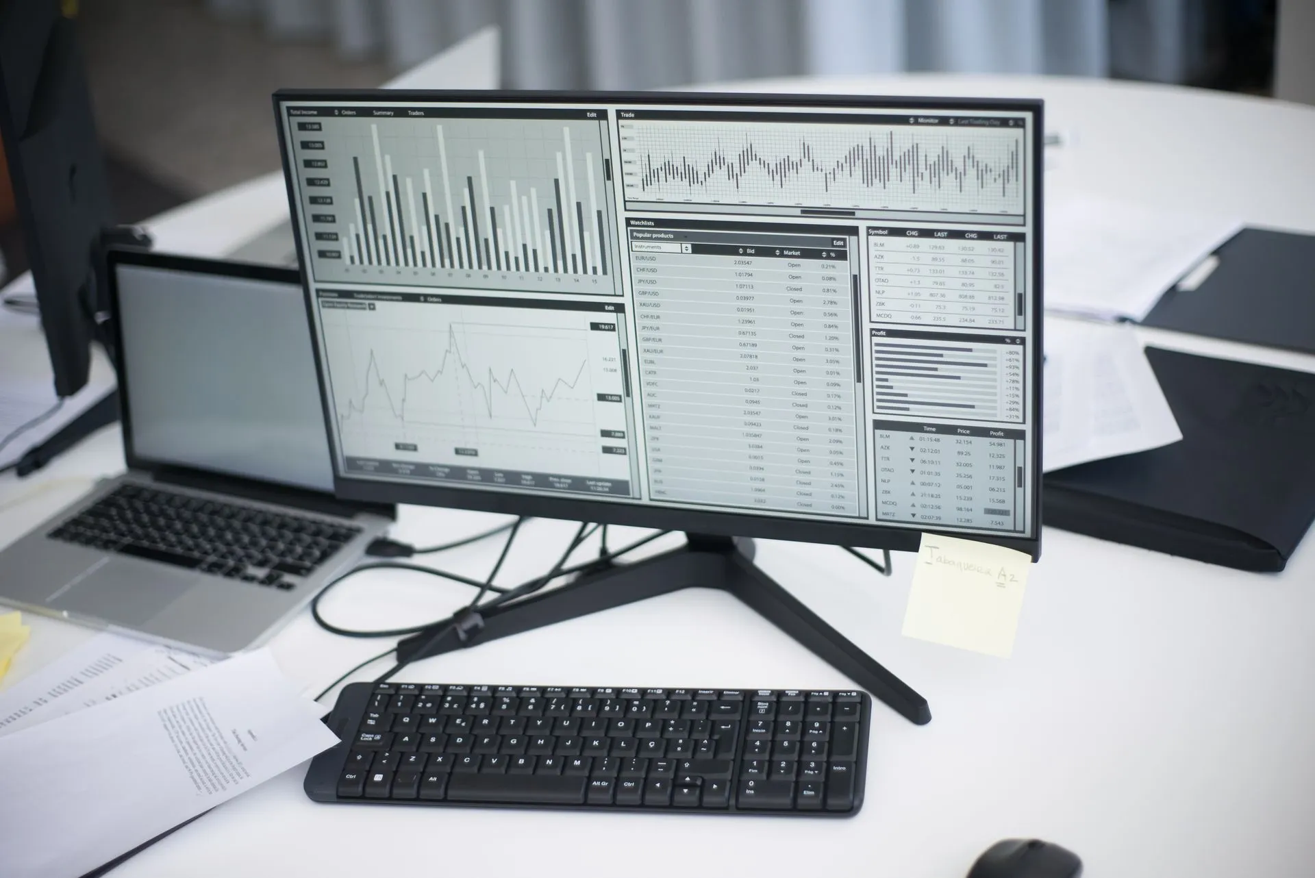A professional workspace featuring computers and analytical graphs on a monitor, symbolizing modern business environment, illustrating Bloomberg completes Canoe Intelligence acquisition to bring