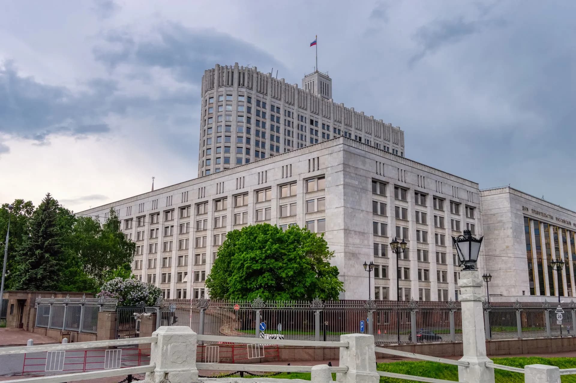 A view of the Russian White House, a prominent government building in Moscow, Russia.
