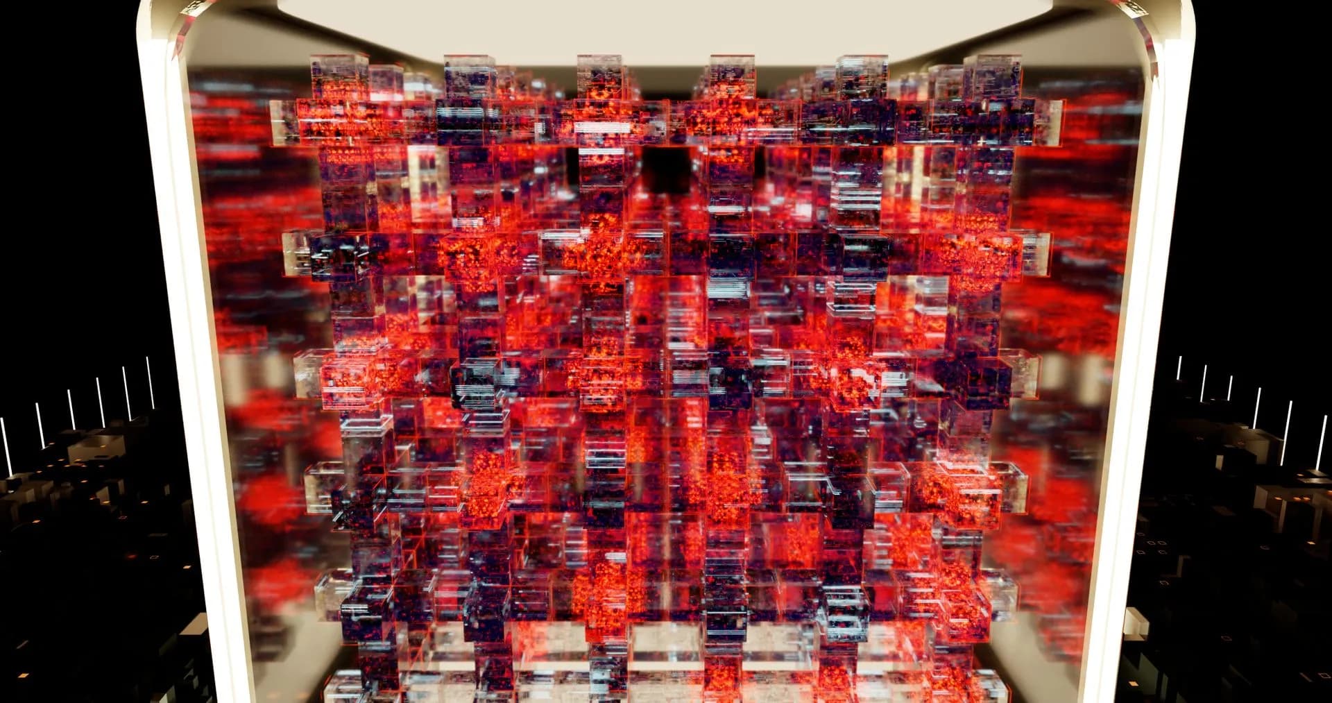 Complex digital structure of red and black blocks, creating a 3D illusion, illustrating Dell patches two CVSS 10.0 Container Storage Modules flaws and a critical System Update bug