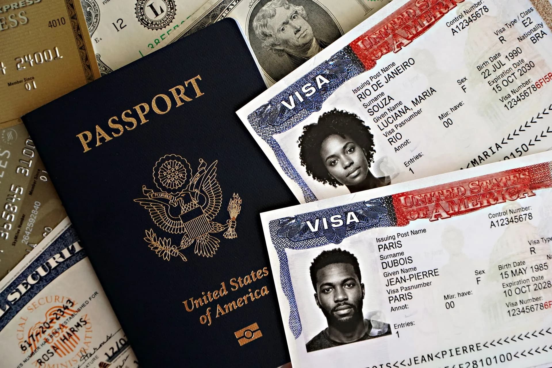 Close-up of a U.S. passport with visas and currency, symbolizing international travel and immigration, illustrating Denmark CPR breach