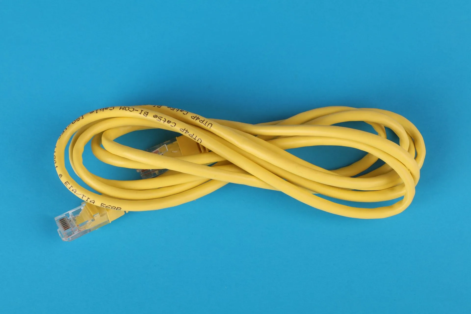 High-angle view of a yellow ethernet cable on a bright blue background, illustrating Dodge AI funding