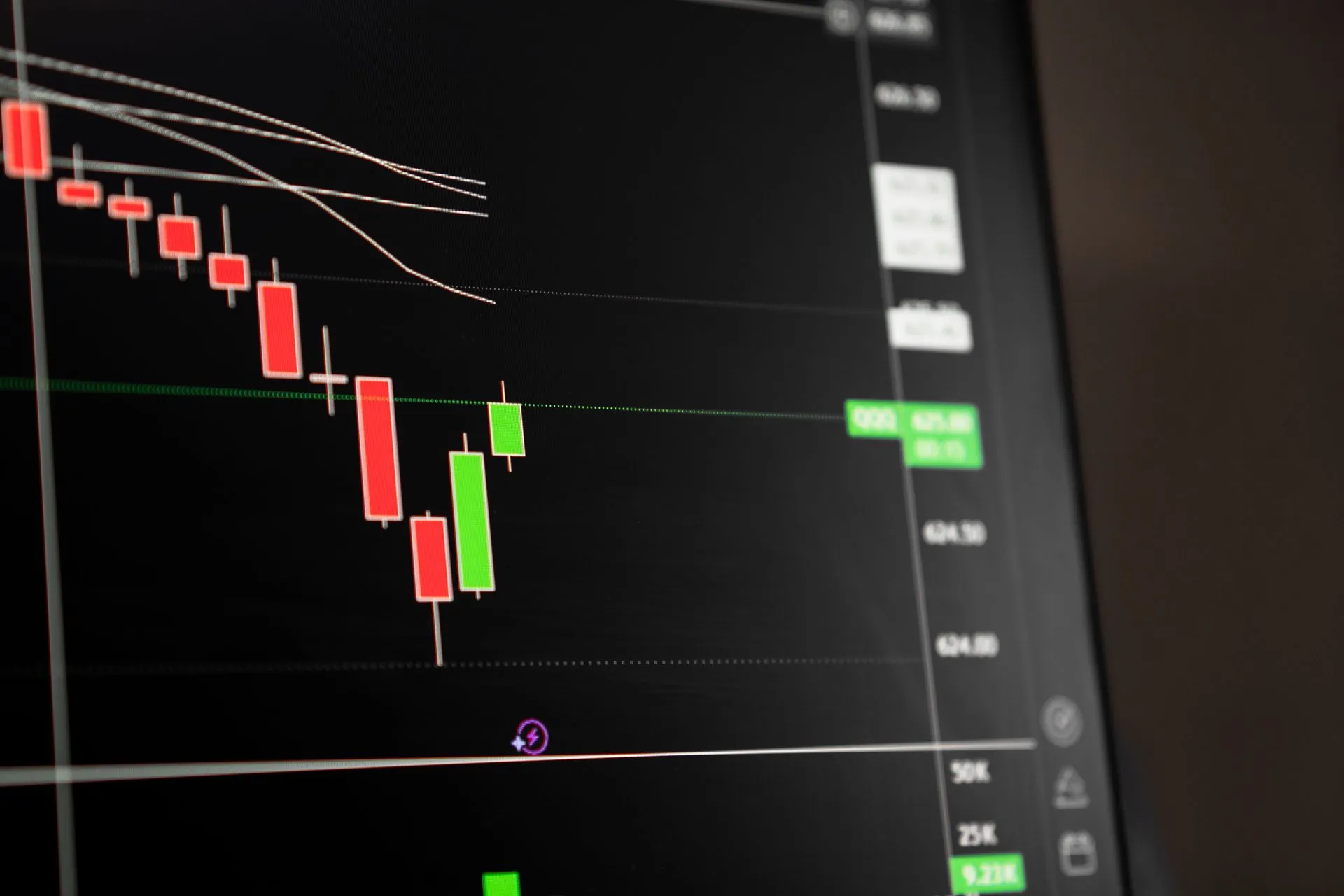 Candlestick chart showing a downward trend in the stock market analysis, illustrating DTCC names Samir Pandiri chief client officer ahead of its October tokenization launch