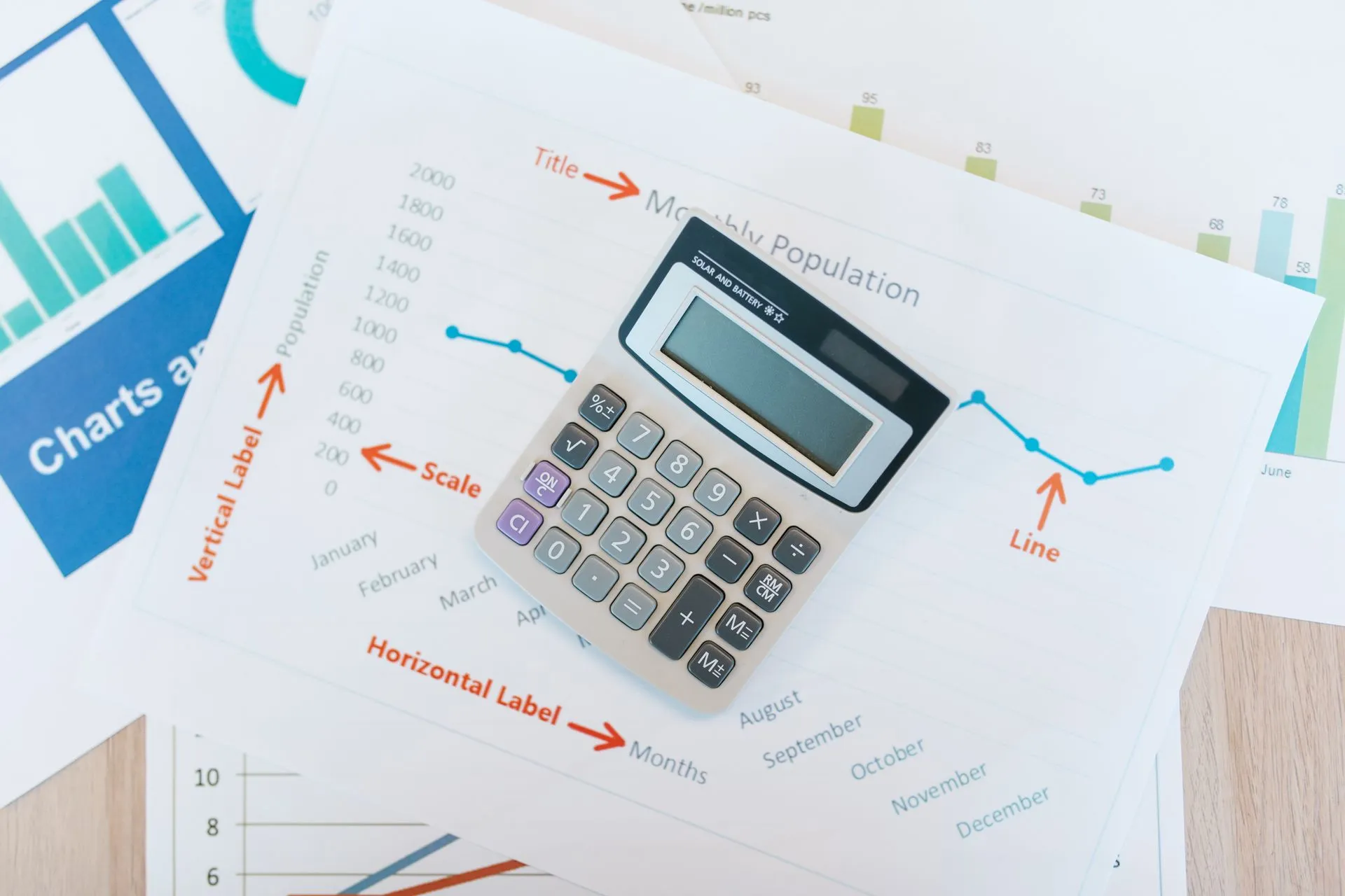 Calculator placed on financial graphs and reports showcasing data analysis and business documentation, illustrating Enterprise AI ROI
