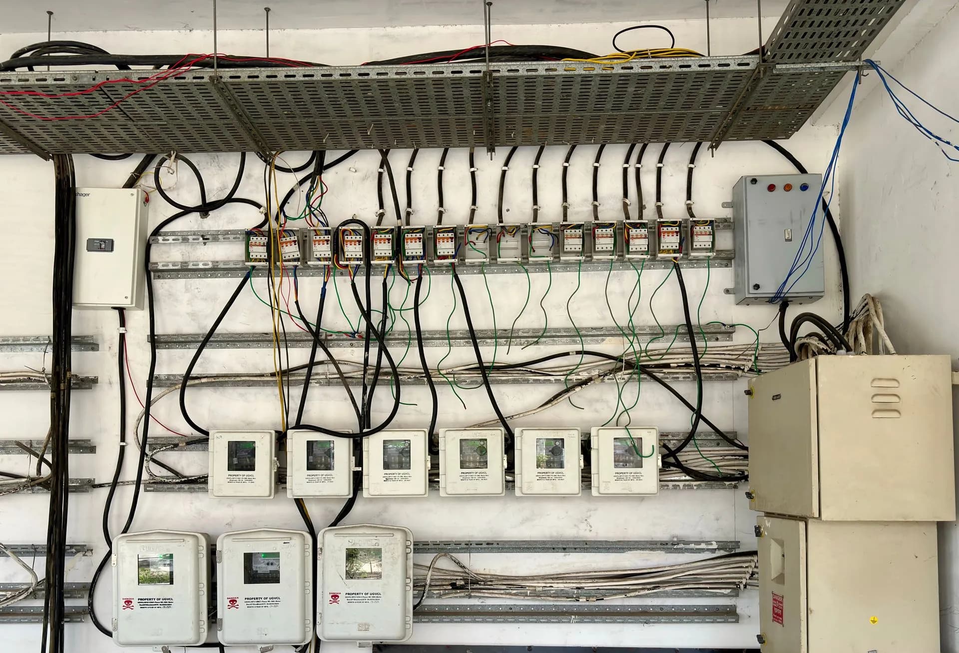 Complex network of electrical wiring and control panels in an industrial setting, illustrating GAO panel