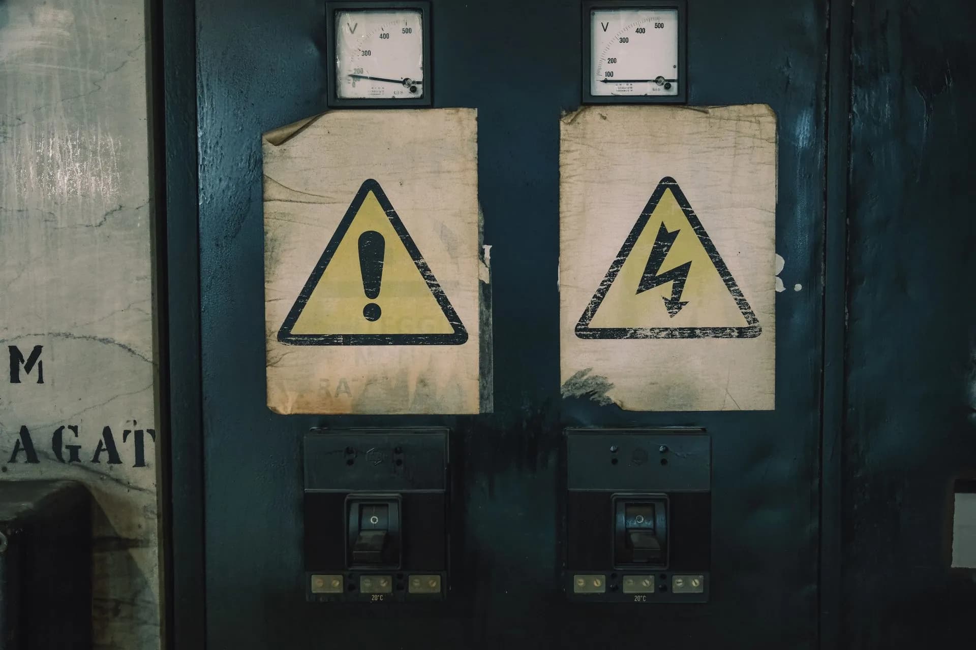Close-up of industrial warning signs on an aged electrical panel, illustrating IDCF Cloud attack hits 495 clients as Oracle Health breach tally nears 20 million