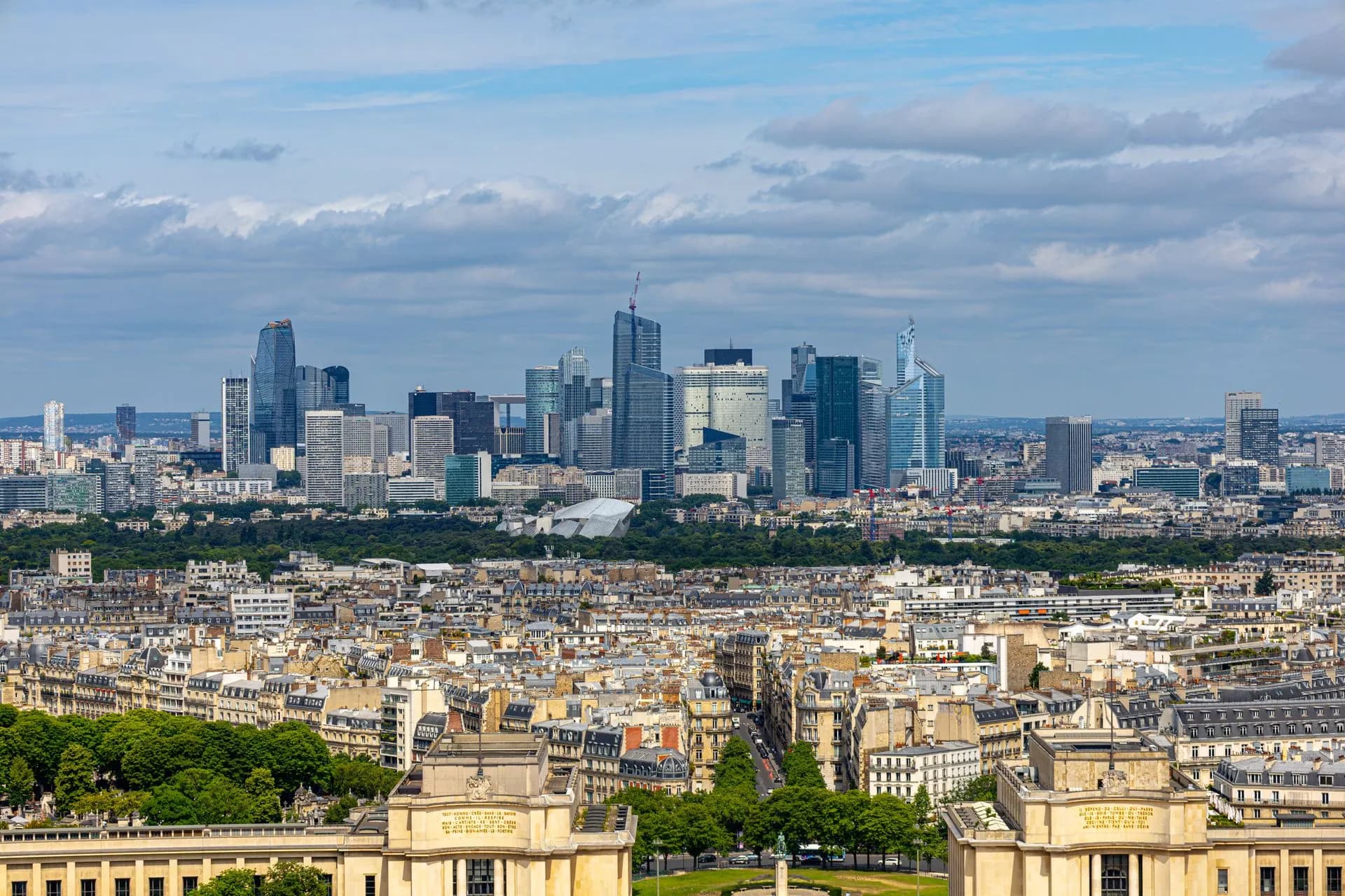Aerial view of La Défense skyline in Paris with urban architecture and cityscape, illustrating Mistral AI raises €3 billion in Samsung-led round, valuing it above €21 billion