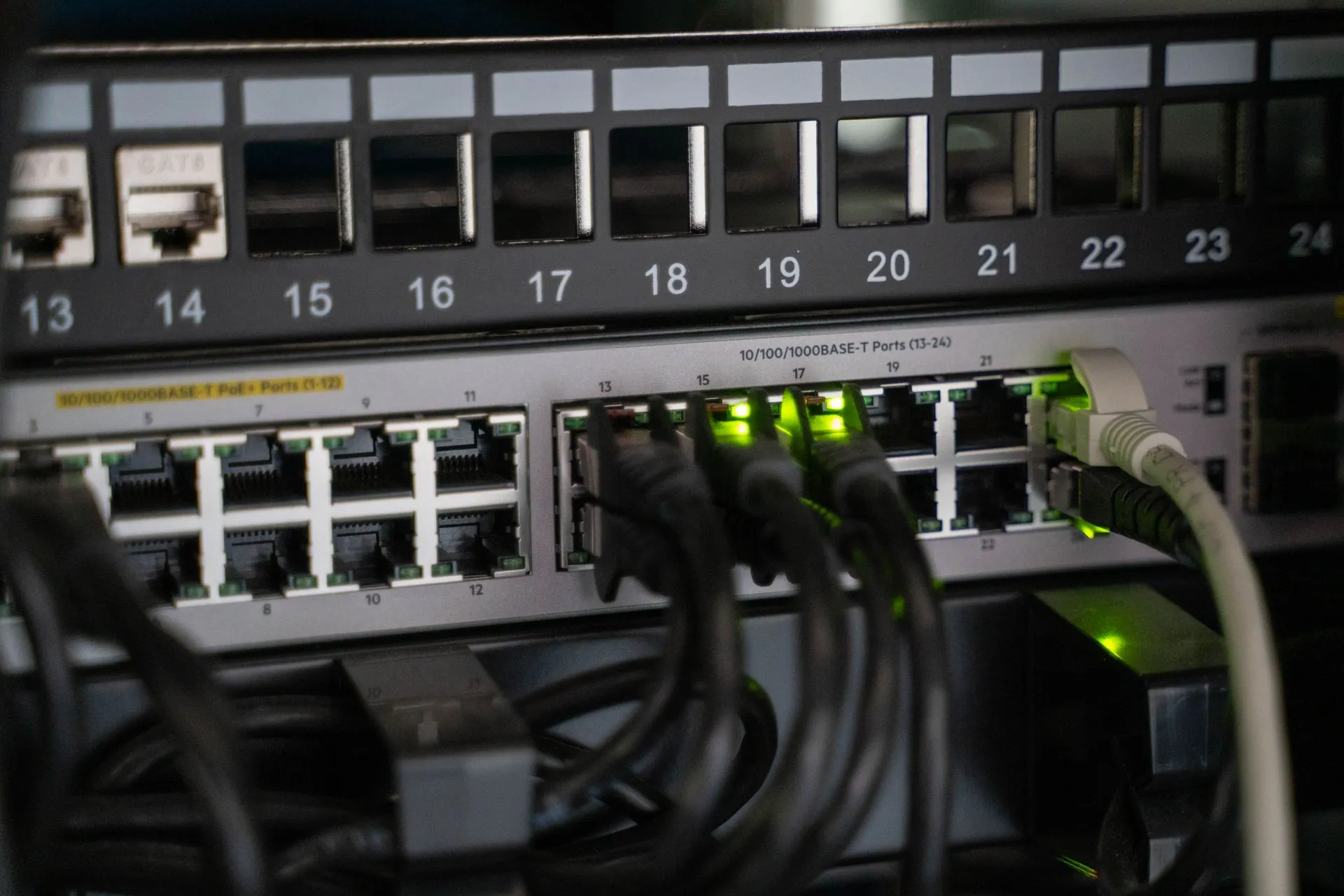 Networking equipment with connected cables, showcasing modern technology infrastructure, illustrating OpenAI, whose agents breached Hugging Face, is publicly absent from Nvidia's rogue