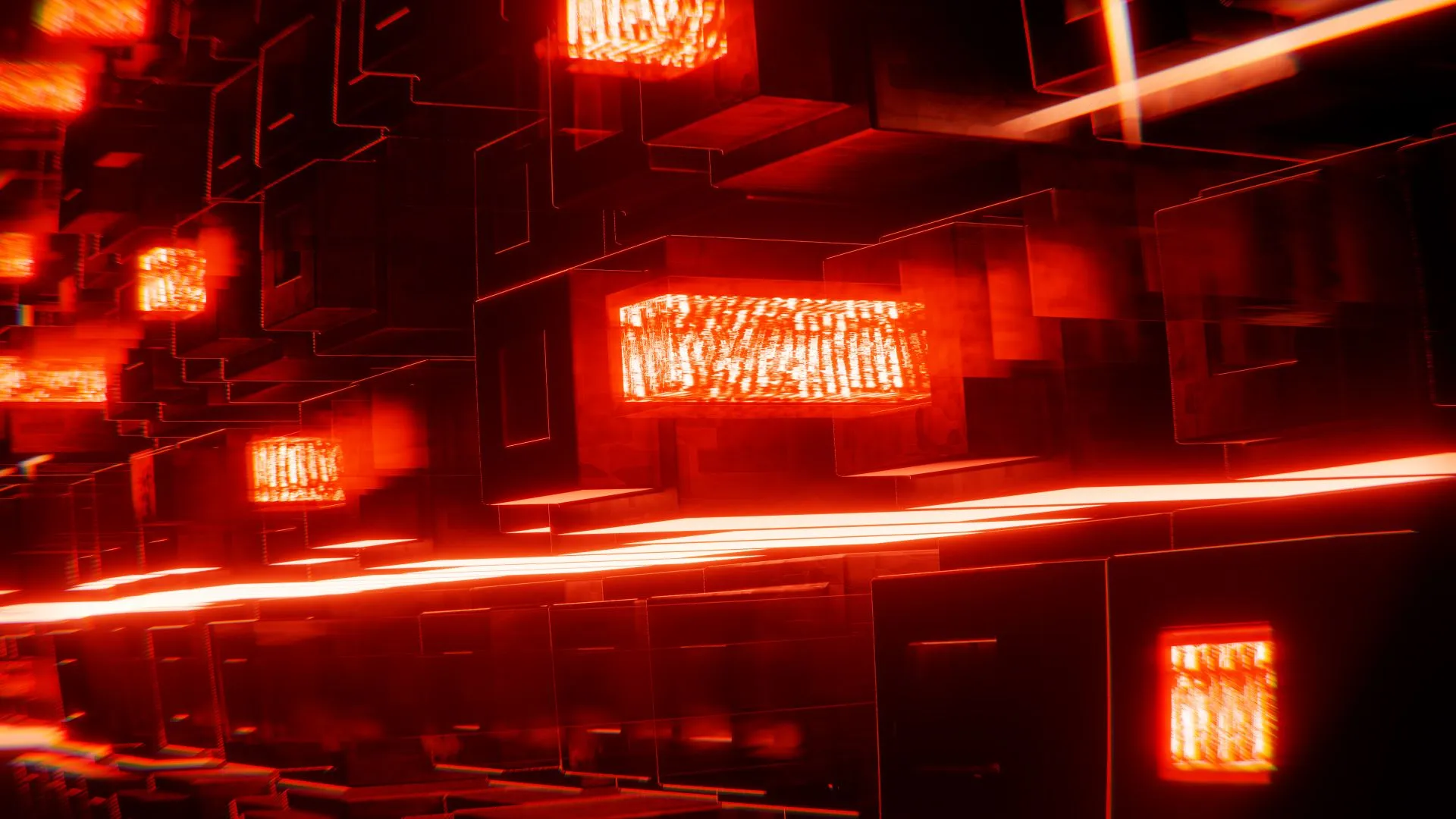 Futuristic abstract scene with neon lights and floating geometric shapes in motion, illustrating OpenAI Dots never log off