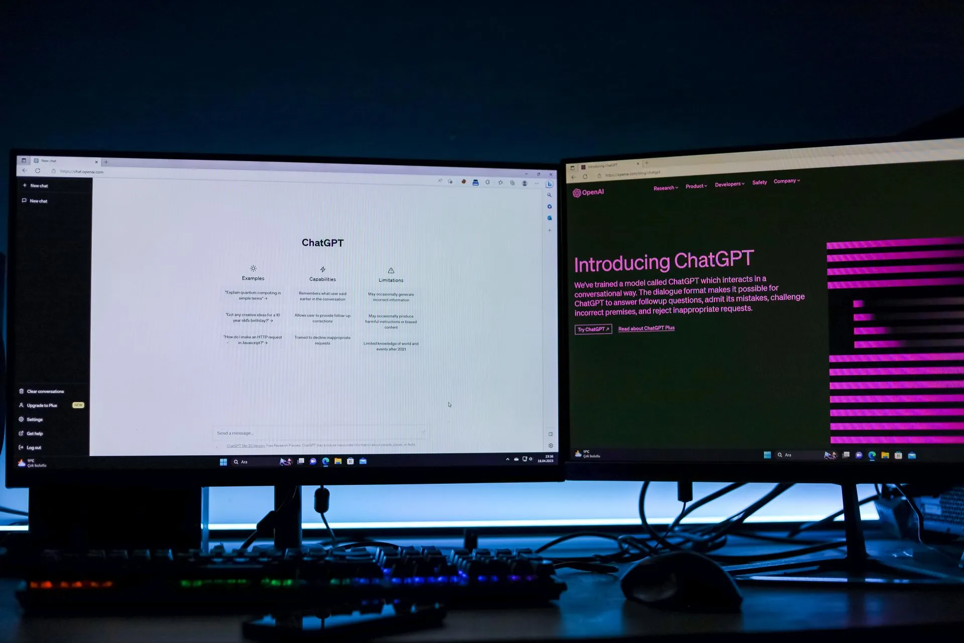 Dual computer monitors showcasing a chat interface in a technology workspace setting, illustrating TeamViewer patches five flaws as phishing crews plant MSP360 and ScreenConnect tools