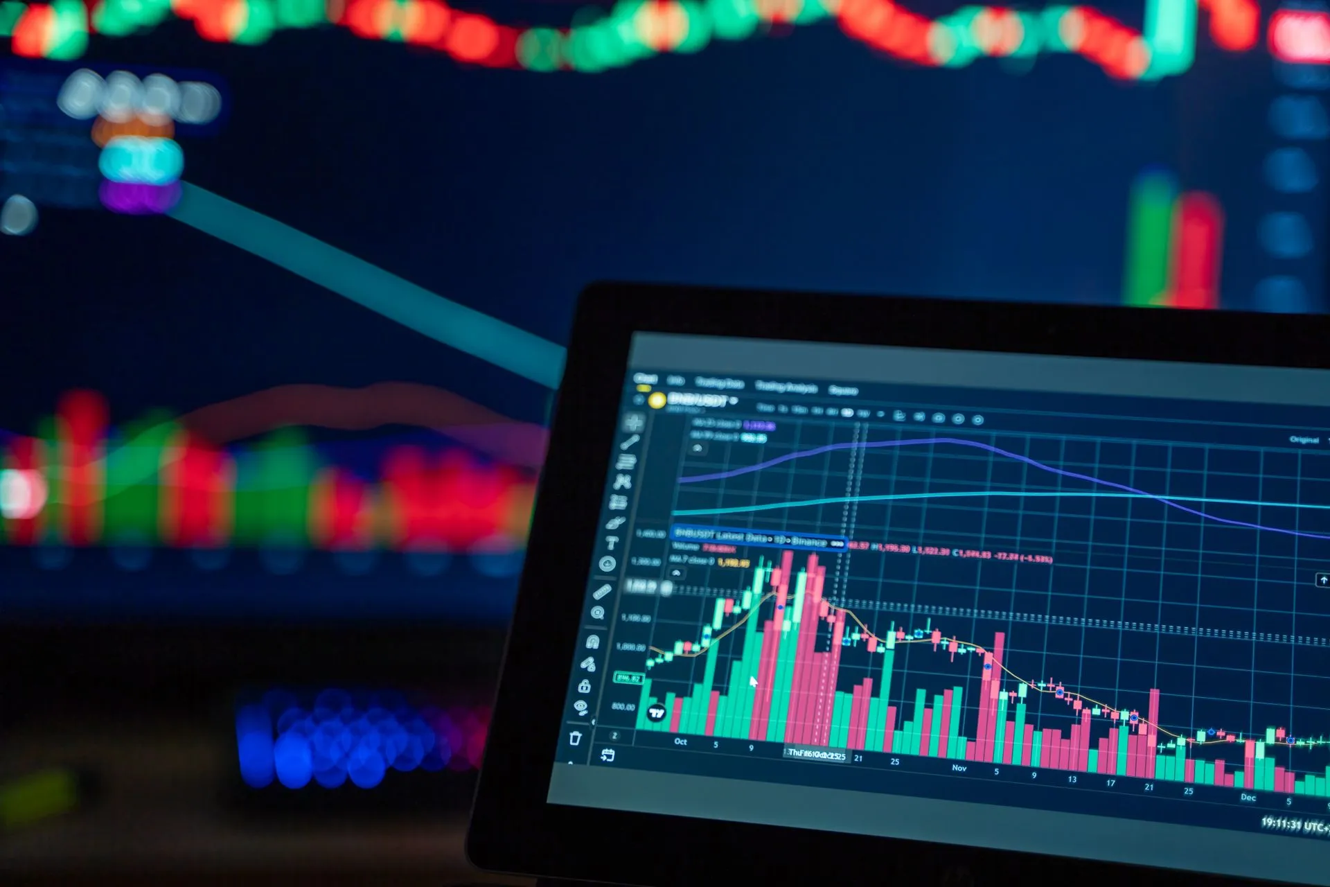 Colorful trading charts showing cryptocurrency market trends on a computer screen, illustrating Ripple Prime signs $35 billion Brevan Howard as Circle and StanChart back OKX at $25B
