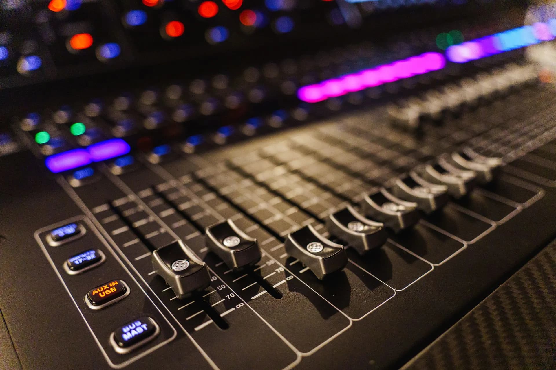 Detailed view of an advanced audio mixing console, perfect for studios, illustrating Sean Parker rebuilds Stability AI around music, backed by Universal, Sony and Warner