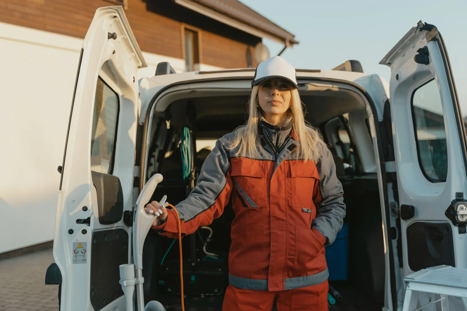 Female worker in uniform standing by a cleaning service van outdoors during the day, illustrating ServiceTitan Ramp partnership embeds AI bill pay and expense cards for contractors