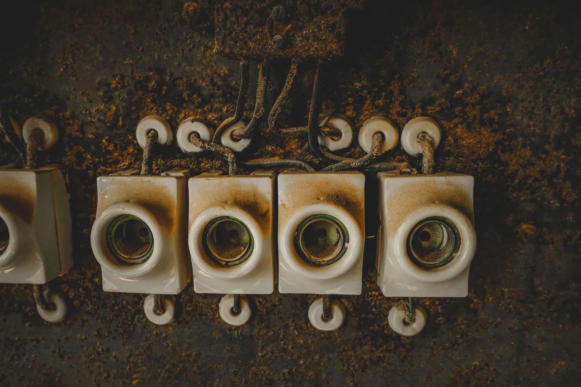 Close-up of vintage ceramic electrical switches, showcasing industrial decay and retro design, illustrating SonicWall SMA1000 flaw rated CVSS 10.0 draws exploitation attempts days
