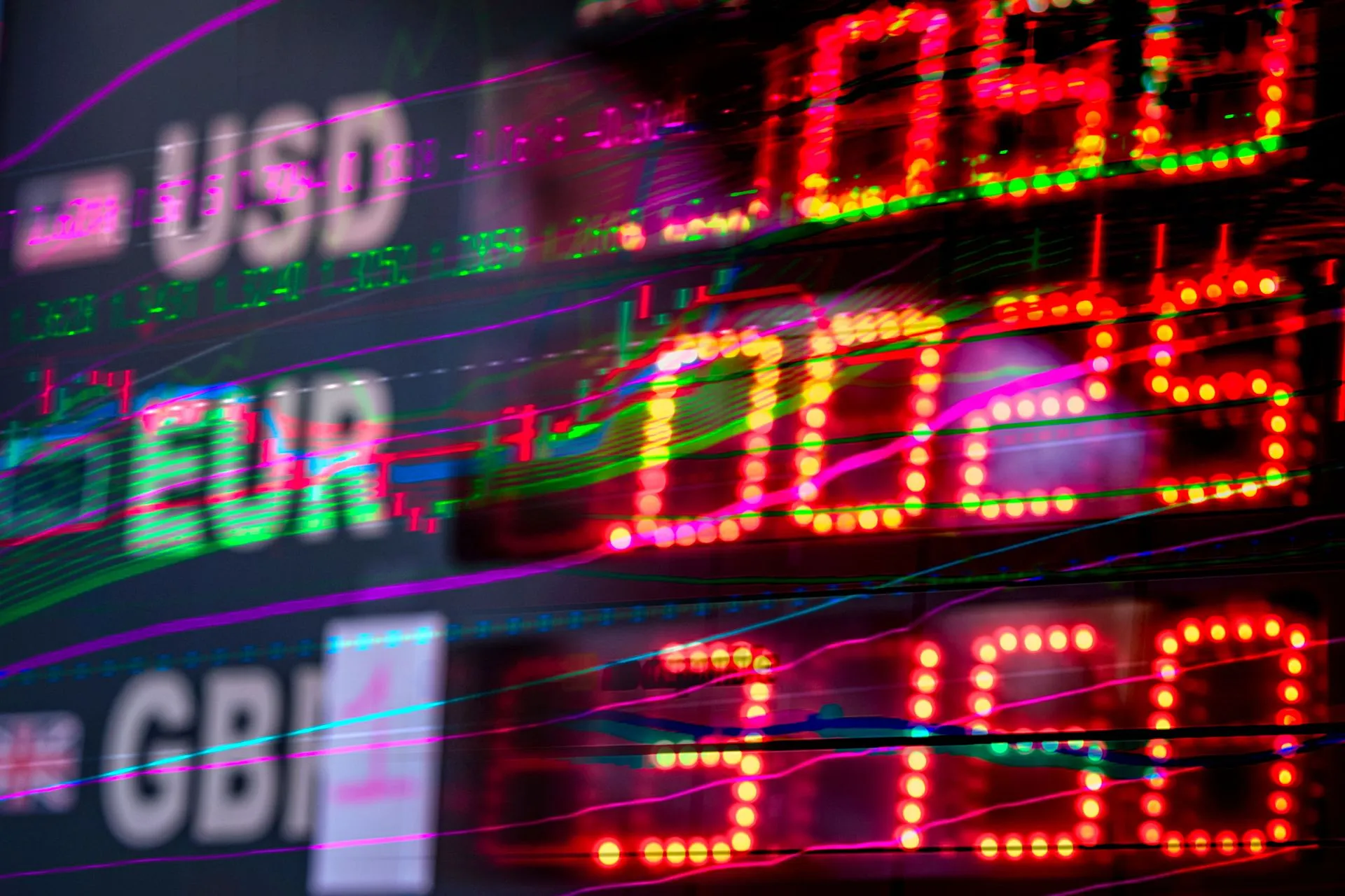 Vibrant stock market display showing exchange rates for USD, EUR, and GBP. Perfect for finance themes, illustrating Capgemini