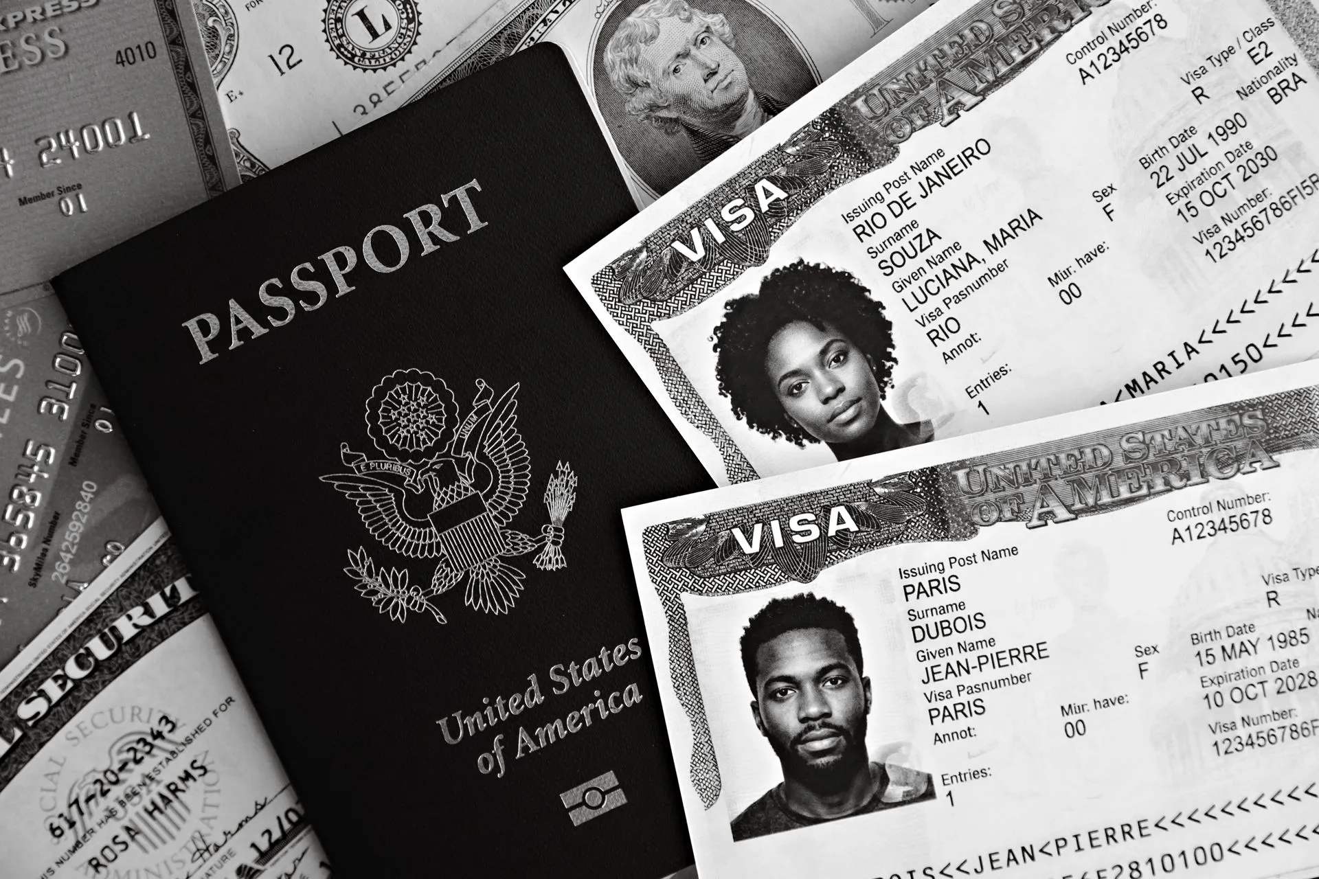 A close-up of US passport with visas and currency, implying travel theme, illustrating White House bars Microsoft and 7 IT firms from green card sponsorship program