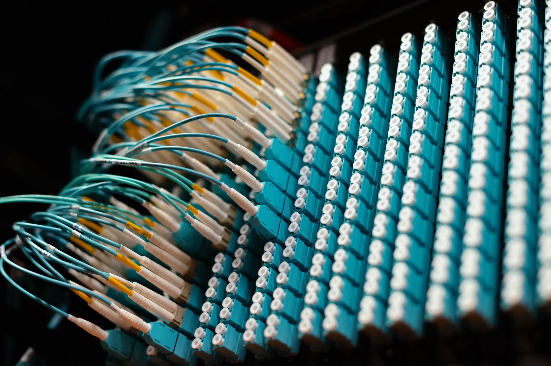 From below of long thin identical blue cables connected to small round electrical connectors, illustrating Microsoft Hyderabad cloud region becomes its fourth in India under $20.5